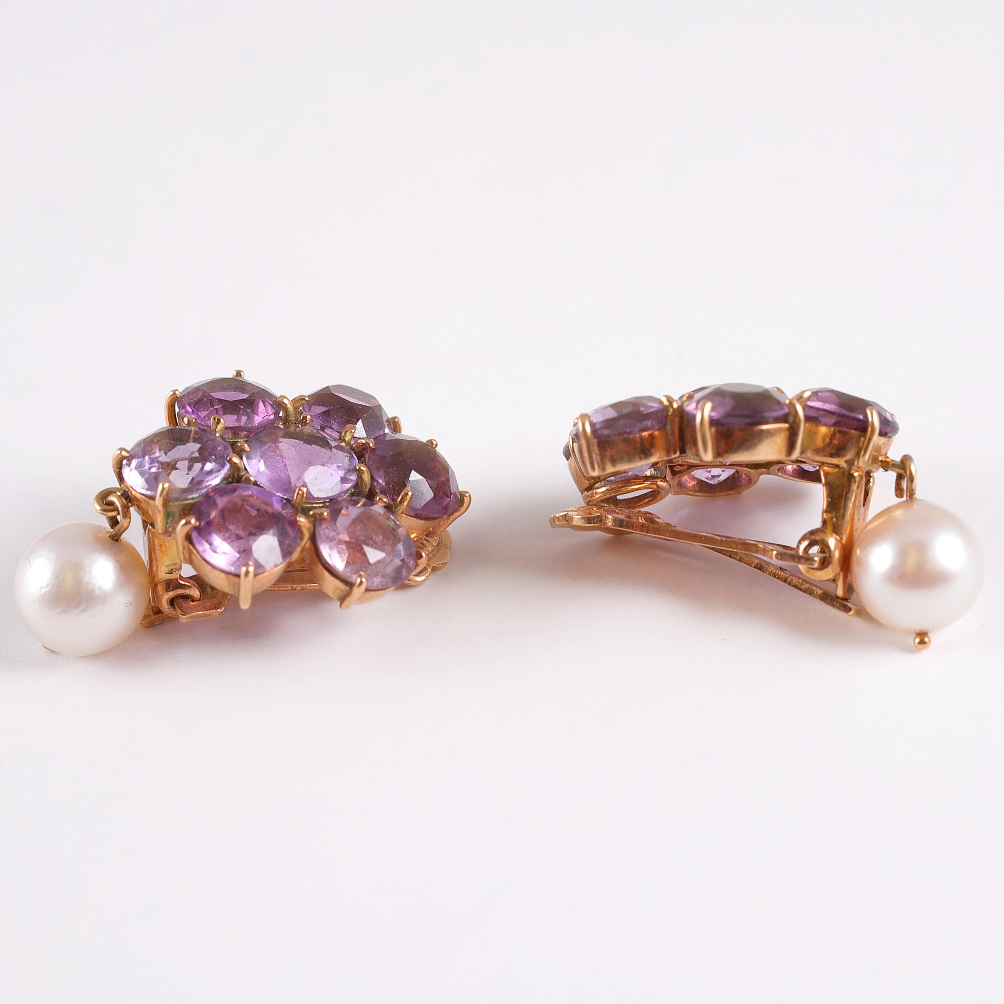 Women's or Men's Vintage Amethyst Pearl Yellow Gold Earring For Sale