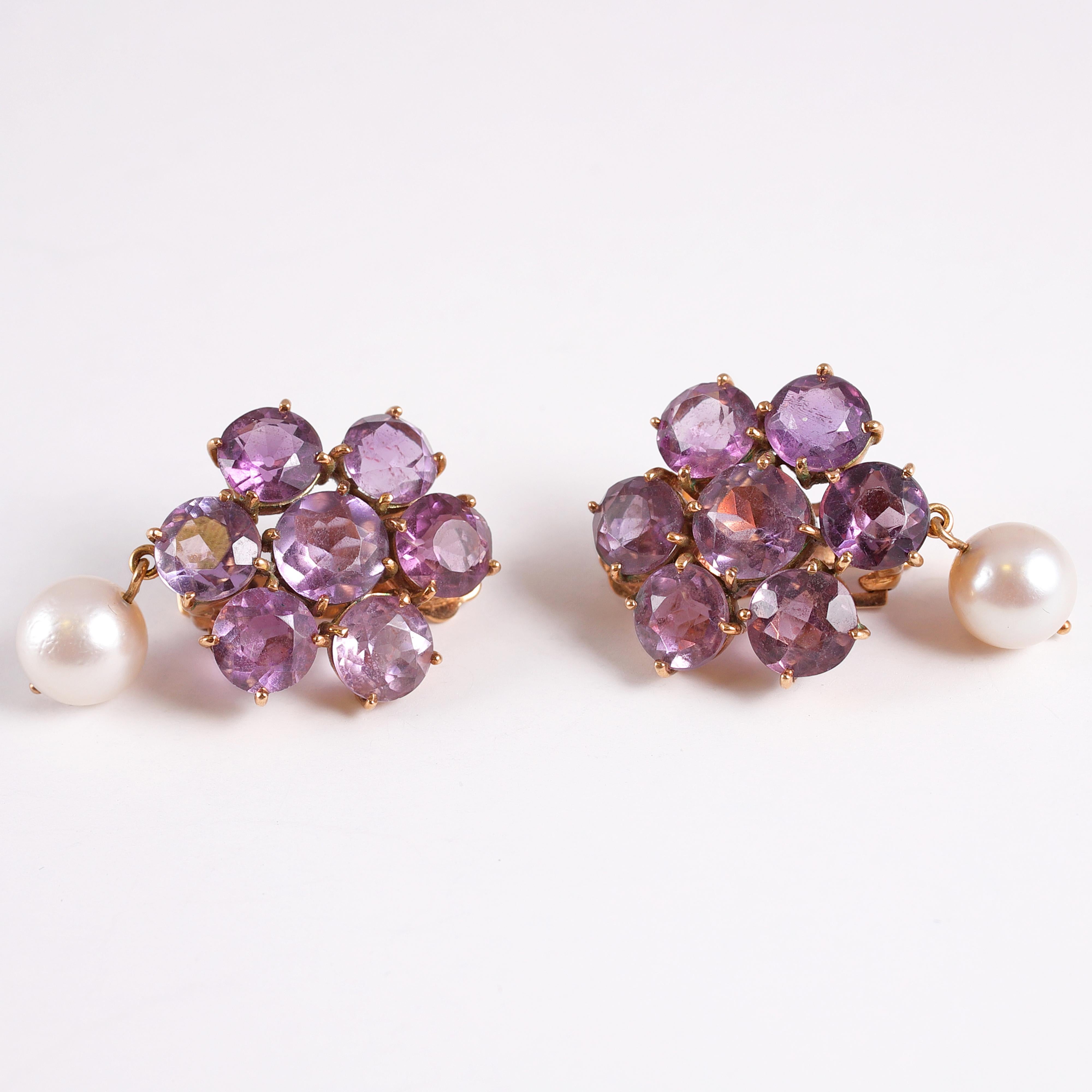 Vintage Amethyst Pearl Yellow Gold Earring For Sale 1