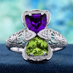 14K Gold Amethyst Peridot and Diamond Vintage Style Hourglass Filigree Ring