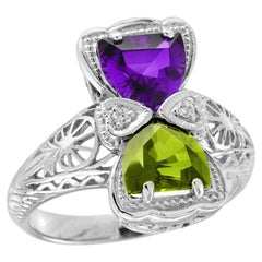 14K Gold Amethyst Peridot and Diamond Vintage Style Hourglass Filigree Ring 14K Gold Amethyst Peridot and Diamond Vintage Style Hourglass Filigree Ring