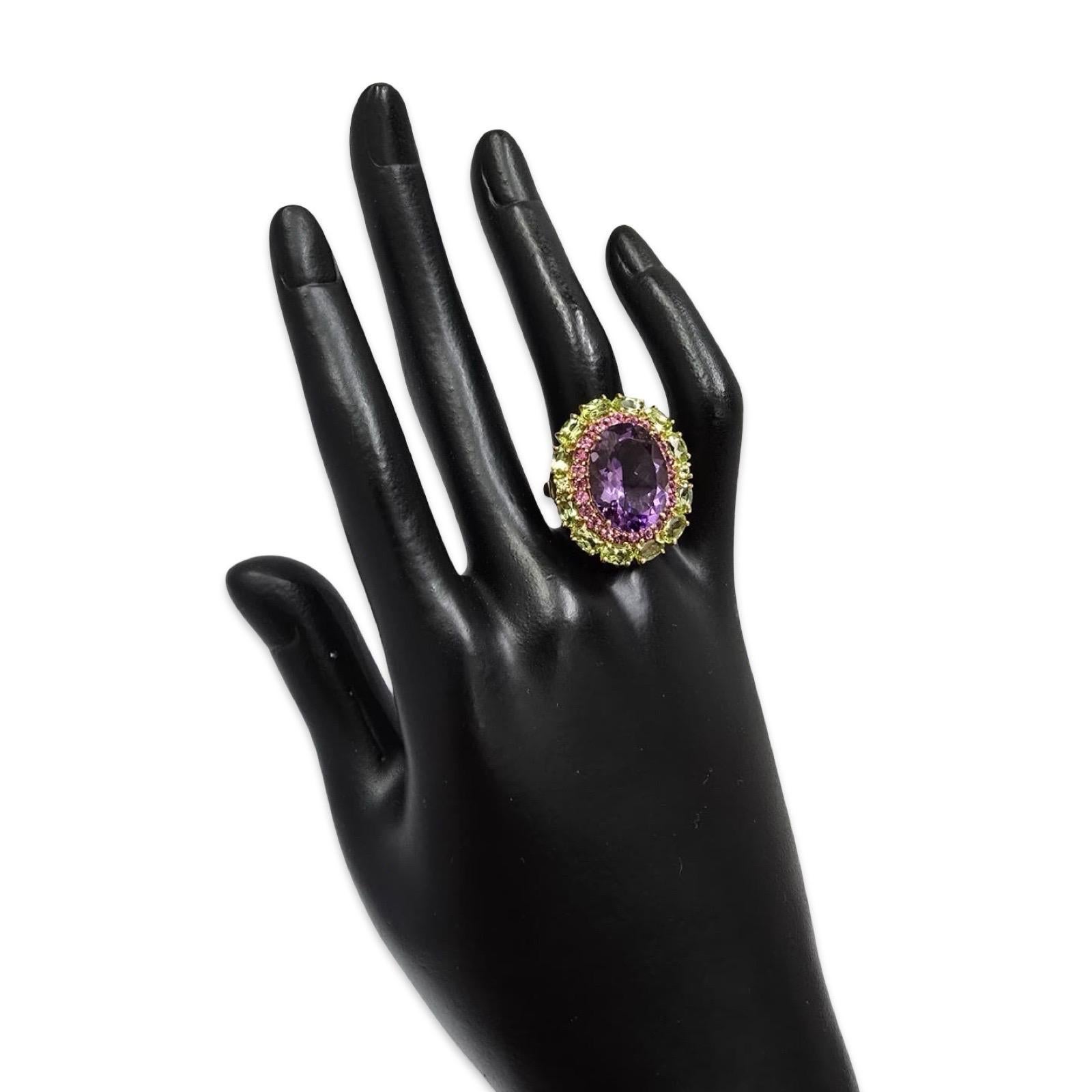 Vintage Améthyste, Tourmaline rose & Péridot Triple-Halo 10K Cocktail Ring Excellent état - En vente à Miami, FL