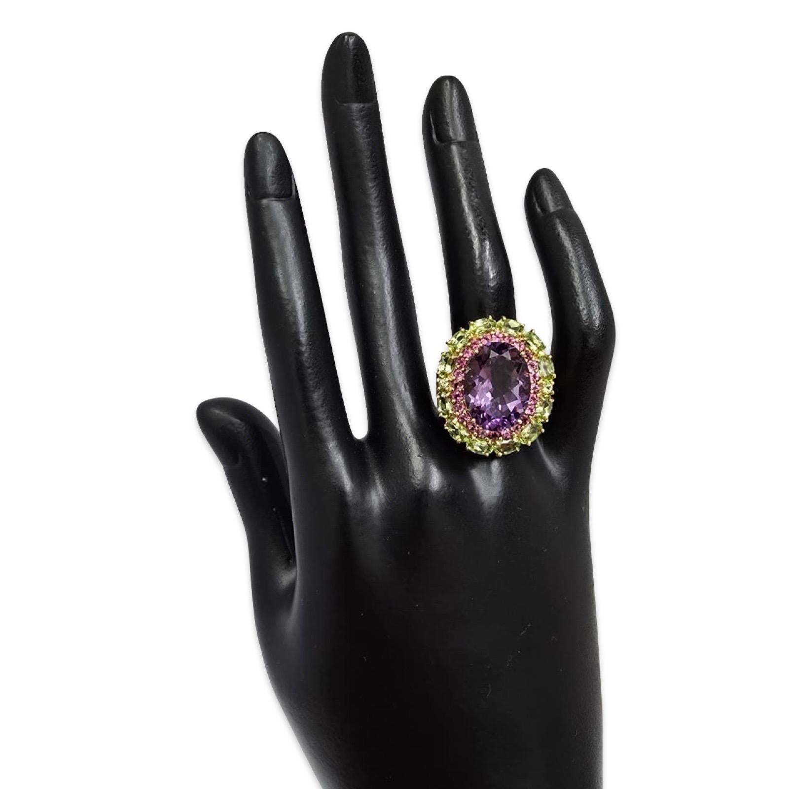 Vintage Améthyste, Tourmaline rose & Péridot Triple-Halo 10K Cocktail Ring Pour femmes en vente