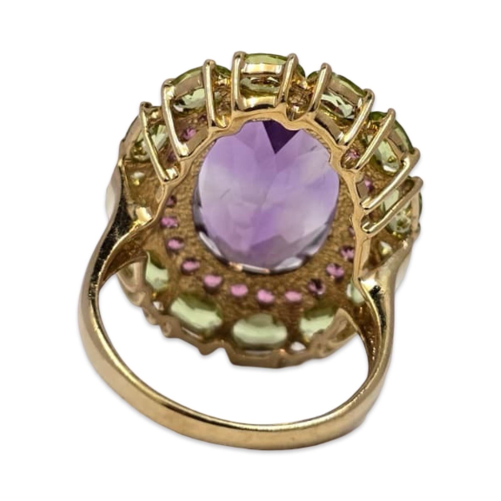 Vintage Améthyste, Tourmaline rose & Péridot Triple-Halo 10K Cocktail Ring en vente 1