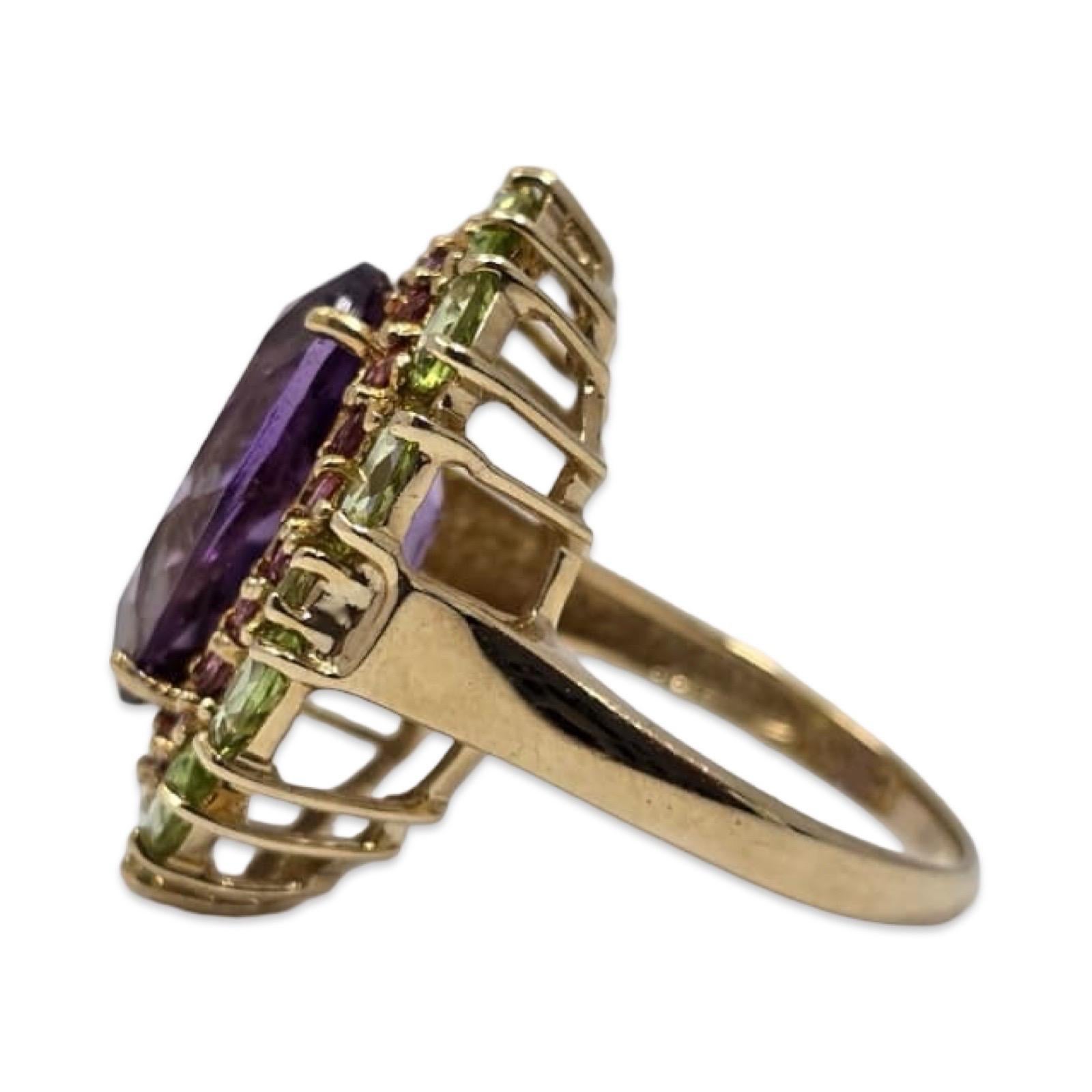 Vintage Améthyste, Tourmaline rose & Péridot Triple-Halo 10K Cocktail Ring en vente 2
