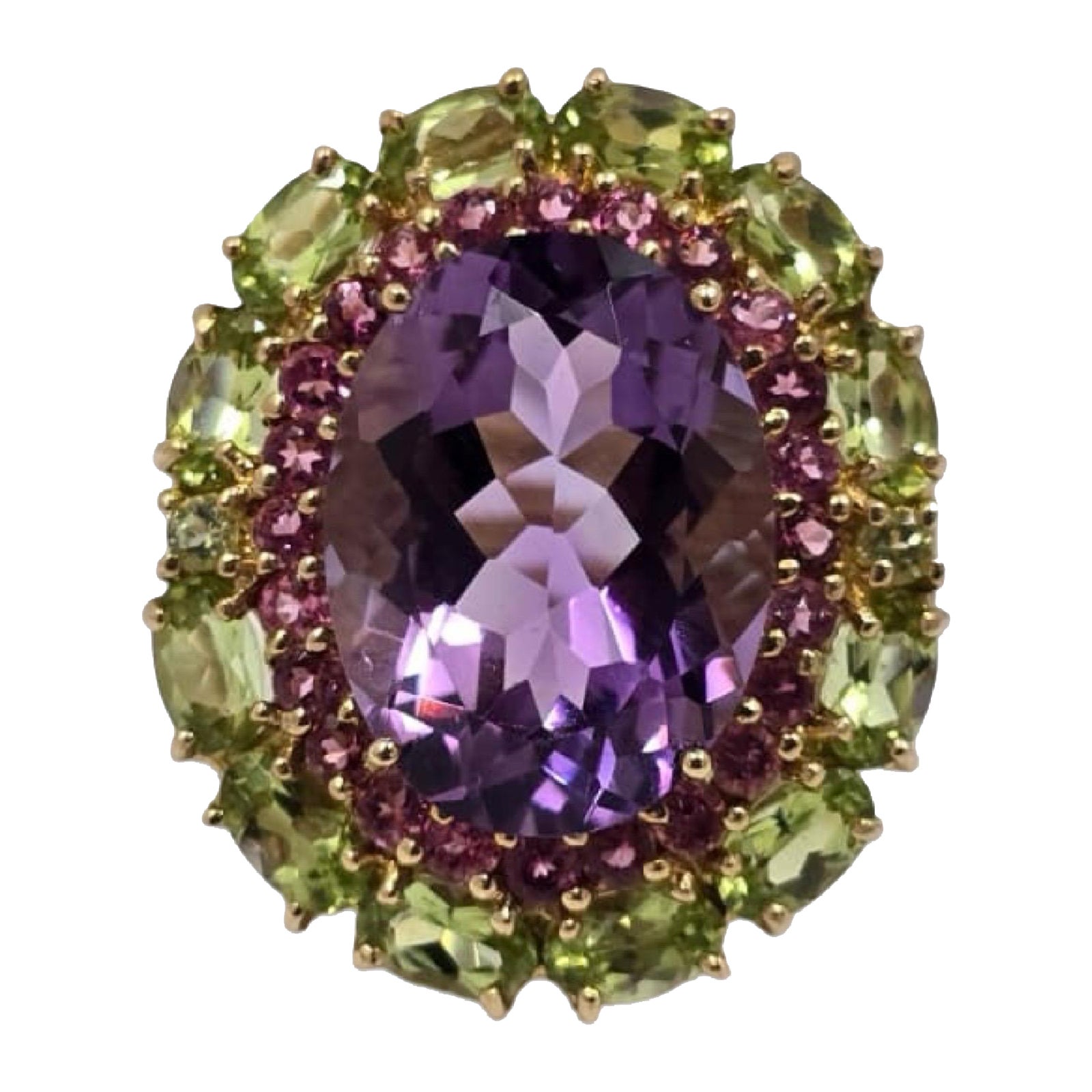 Vintage Amethyst, Pink Tourmaline
Peridot Triple-Halo 10K Cocktail Ring