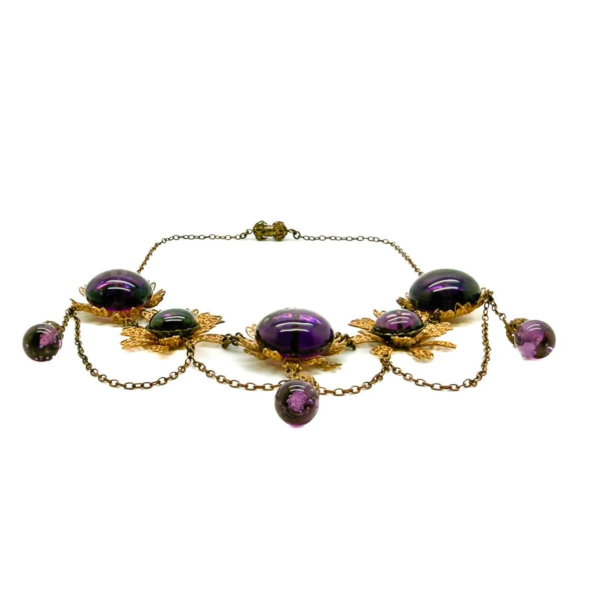 Primo vittoriano Collana vintage in vetro filigranato con ametista 1930 in vendita