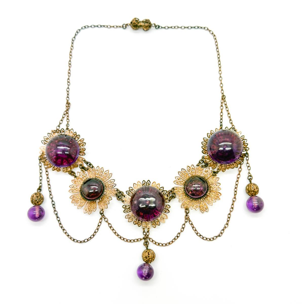 Donna Collana vintage in vetro filigranato con ametista 1930 in vendita