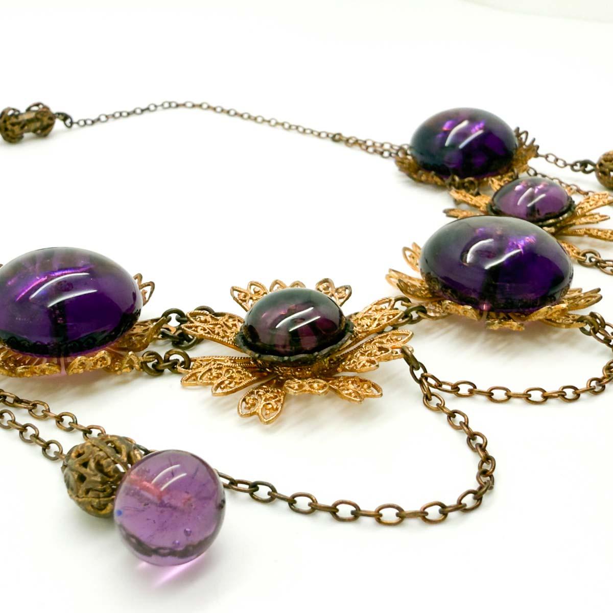 Collana vintage in vetro filigranato con ametista 1930 in vendita 2