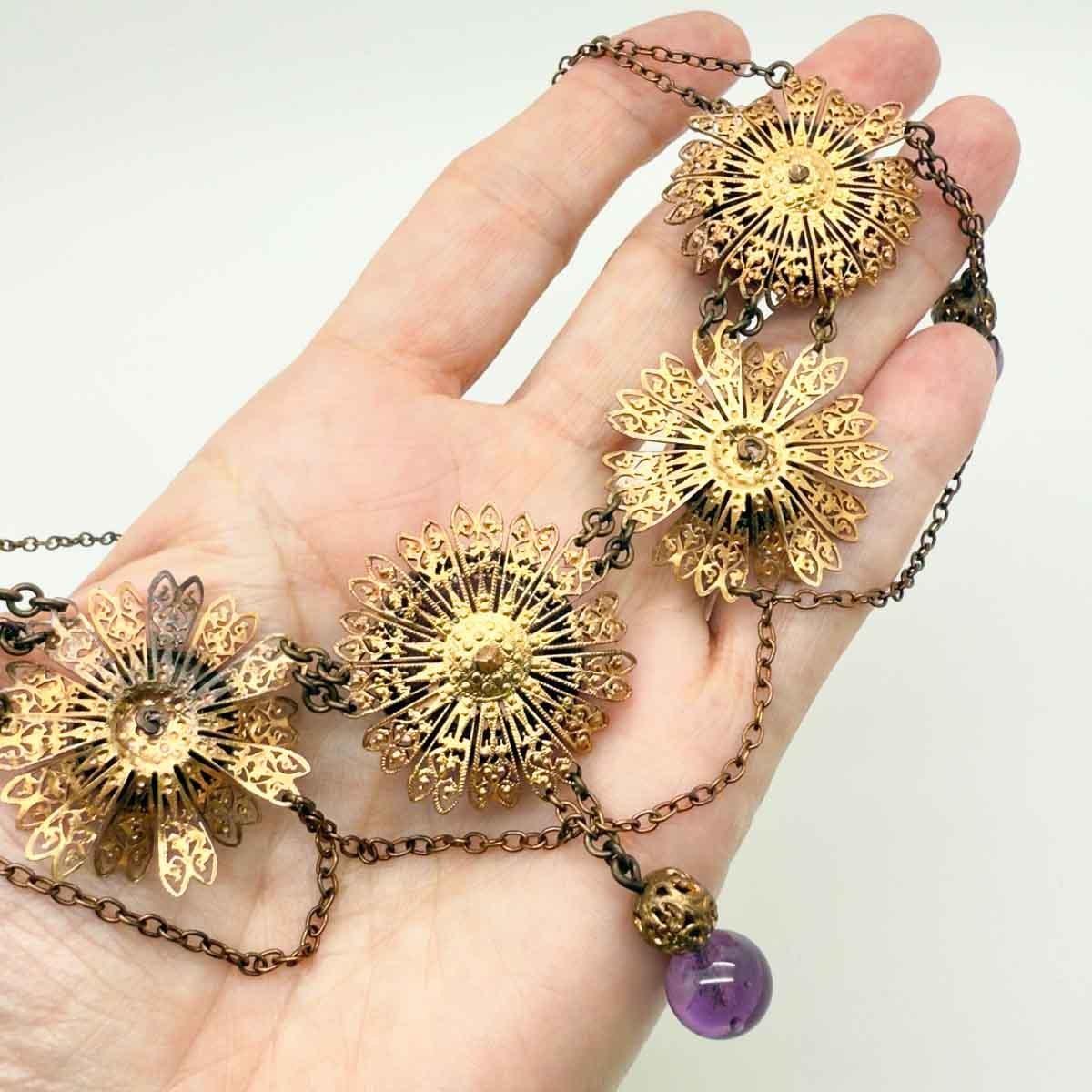 Collana vintage in vetro filigranato con ametista 1930 in vendita 3