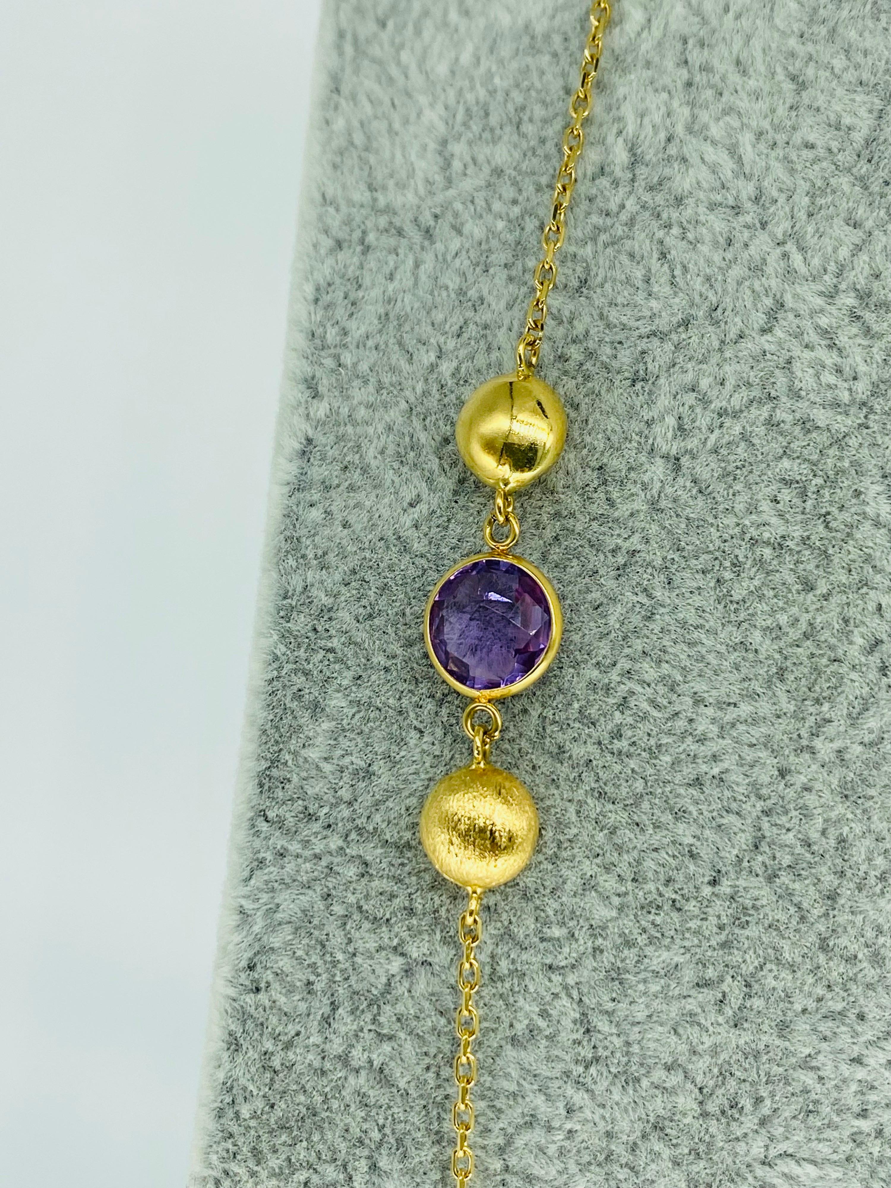 Round Cut Vintage Amethyst & Purple Topaz Gemstone Long Necklace 18 Karat Gold For Sale
