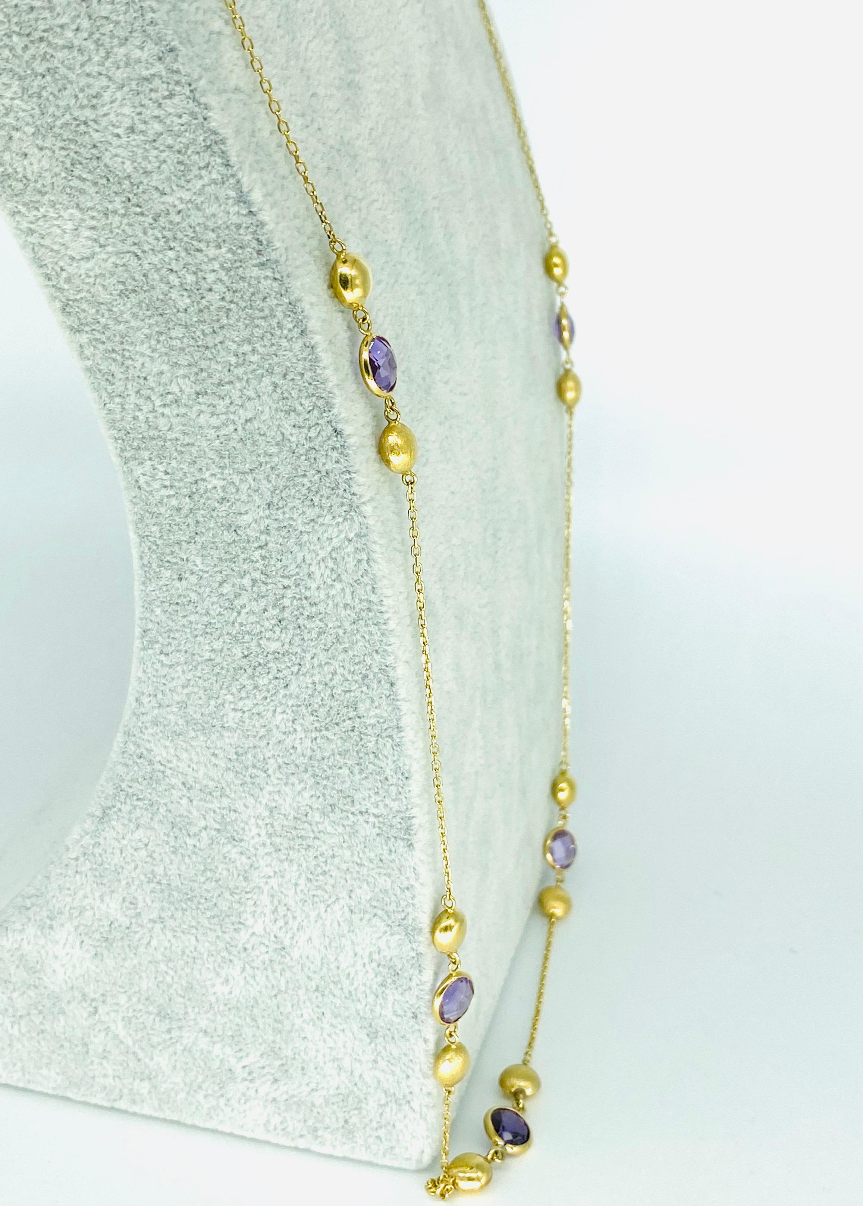 Women's or Men's Vintage Amethyst & Purple Topaz Gemstone Long Necklace 18 Karat Gold For Sale