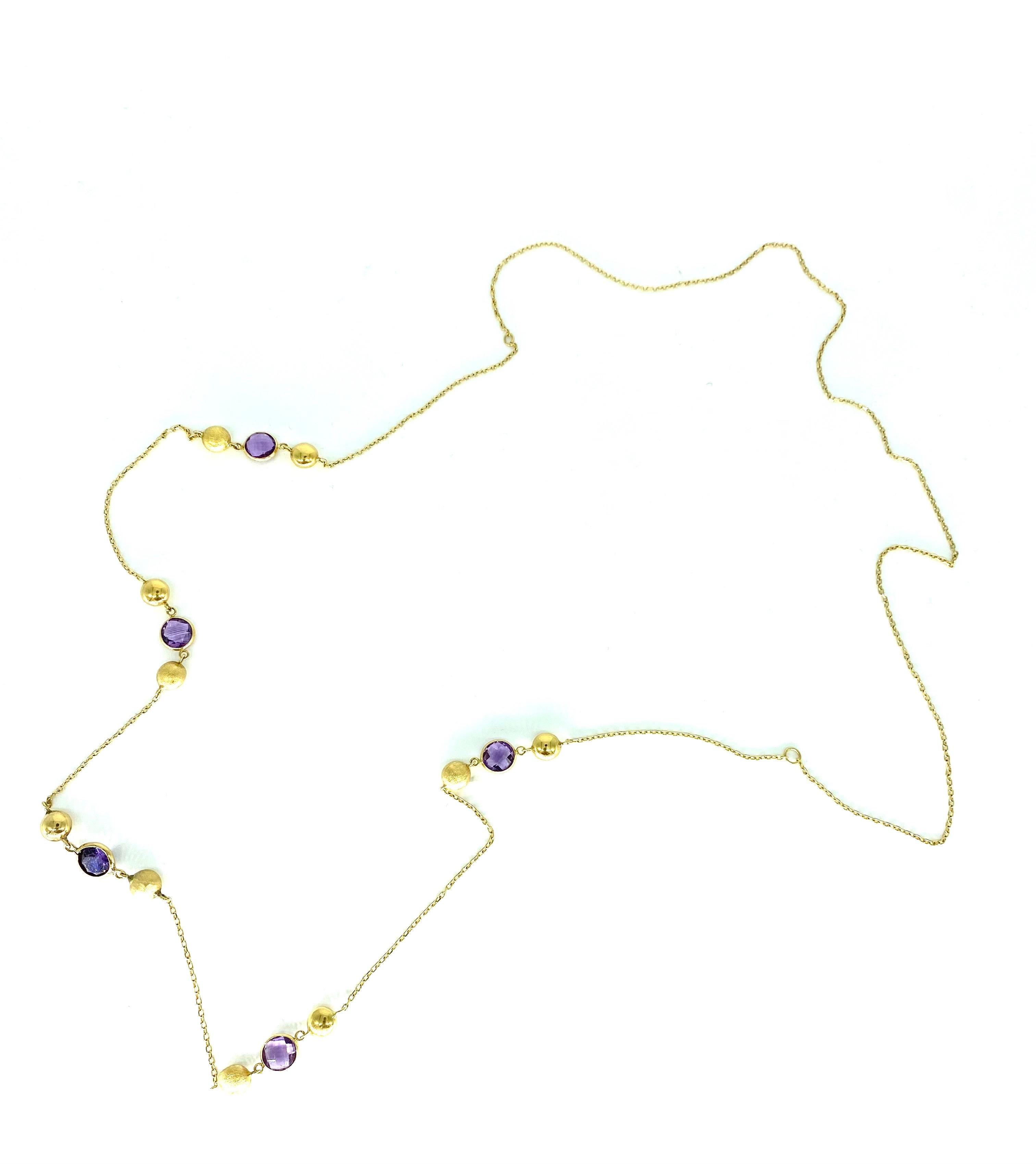 Vintage Amethyst & Purple Topaz Gemstone Long Necklace 18 Karat Gold For Sale 1