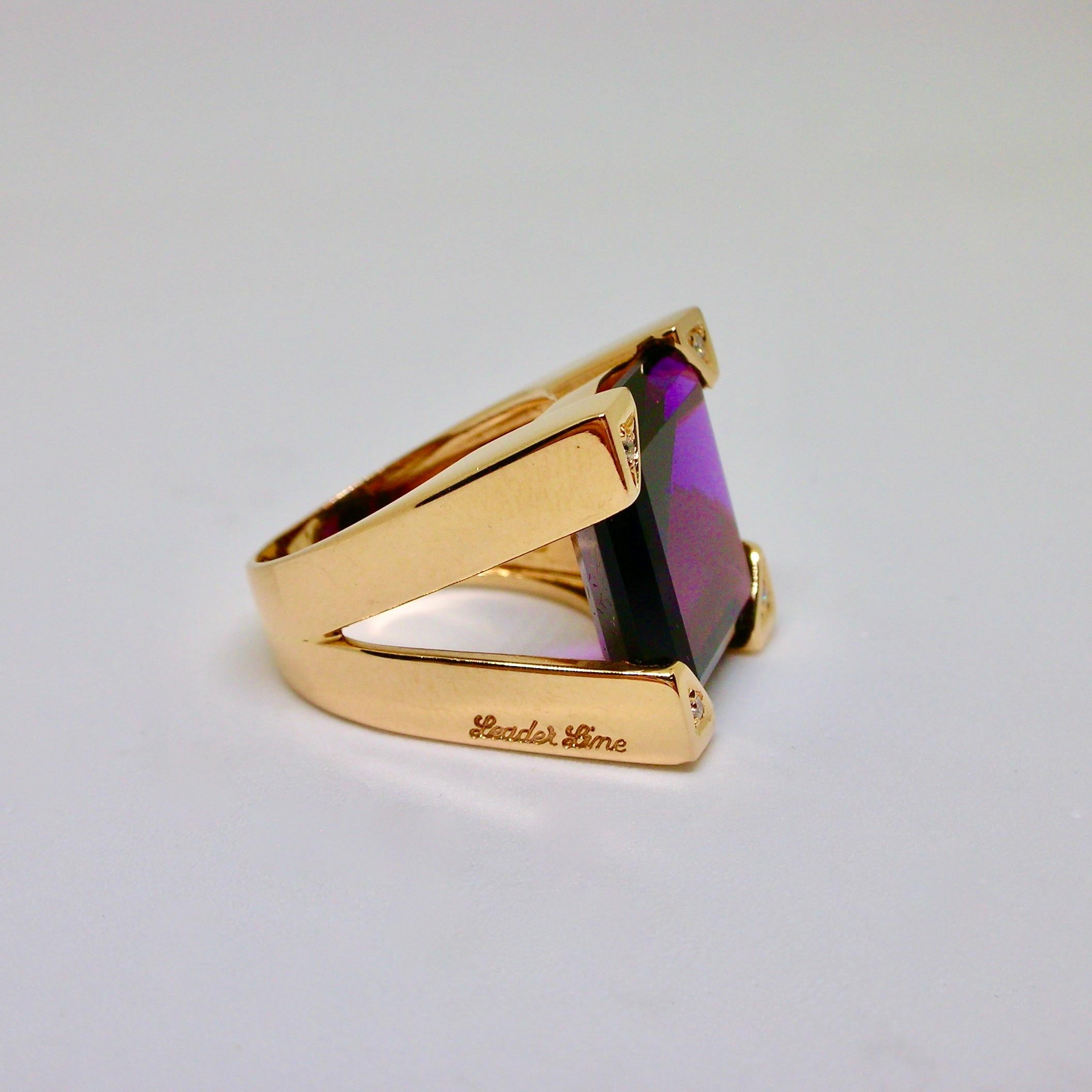 Vintage ring set in 18 carat rose gold, 1980s period circa signed Leaderline of Italian manufacture, with unusual carré cut amethyst decorated by small round cut diamonds. 