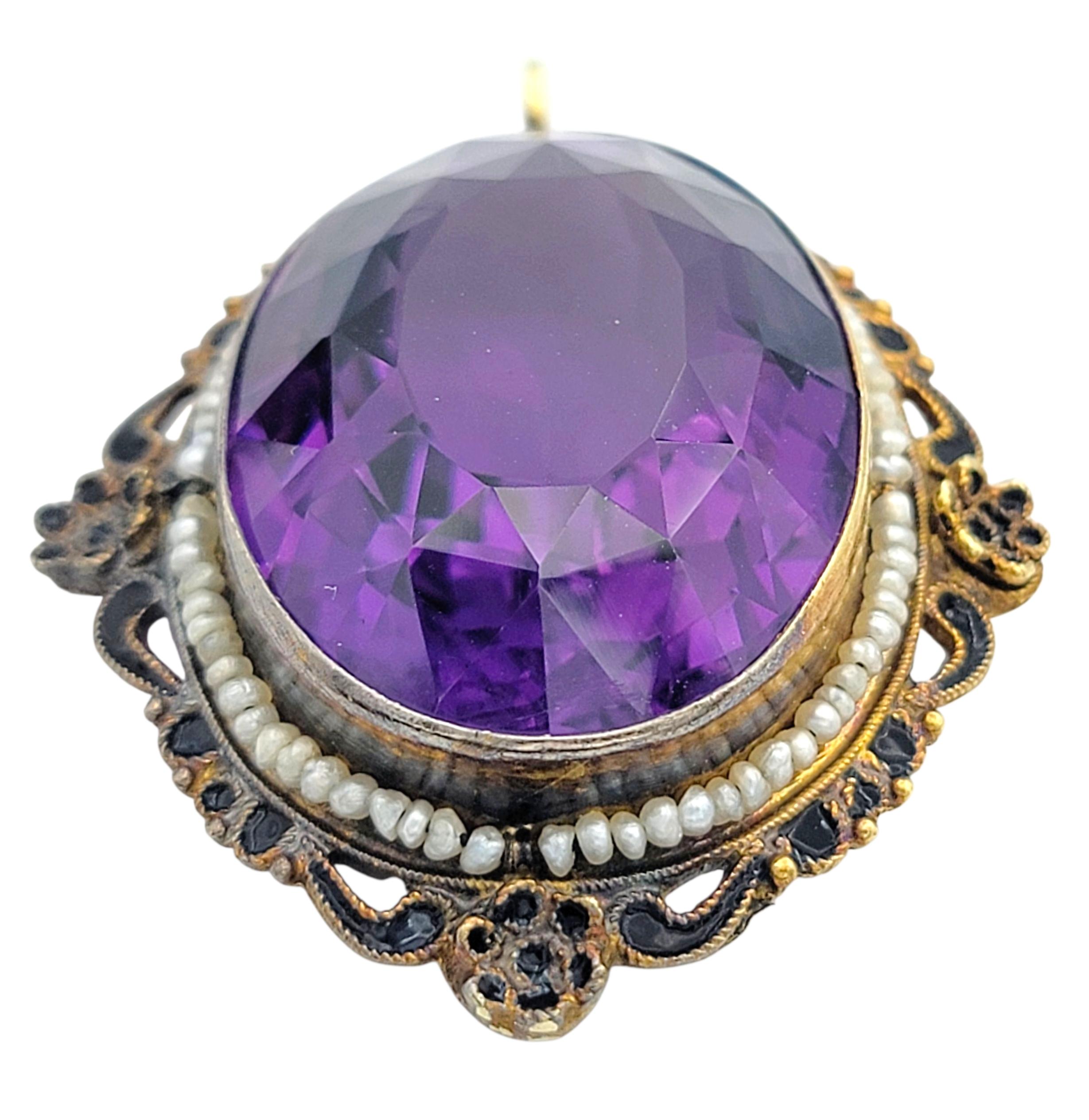 Vintage Amethyst, Saatperle und schwarzer Emaille-Anhänger aus 14 Karat Gelbgold (Zeitgenössisch) im Angebot