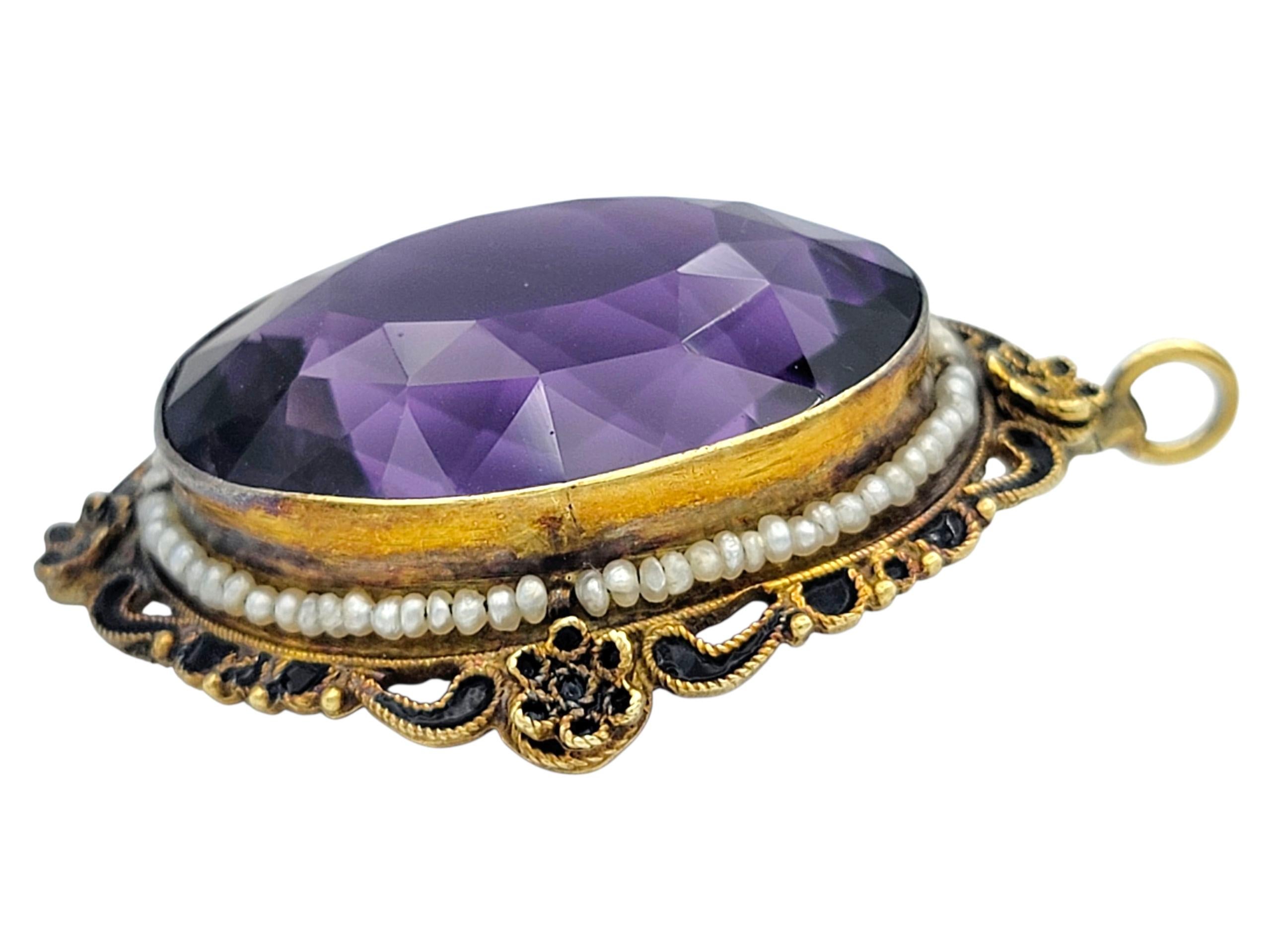 Vintage Amethyst, Saatperle und schwarzer Emaille-Anhänger aus 14 Karat Gelbgold (Ovalschliff) im Angebot