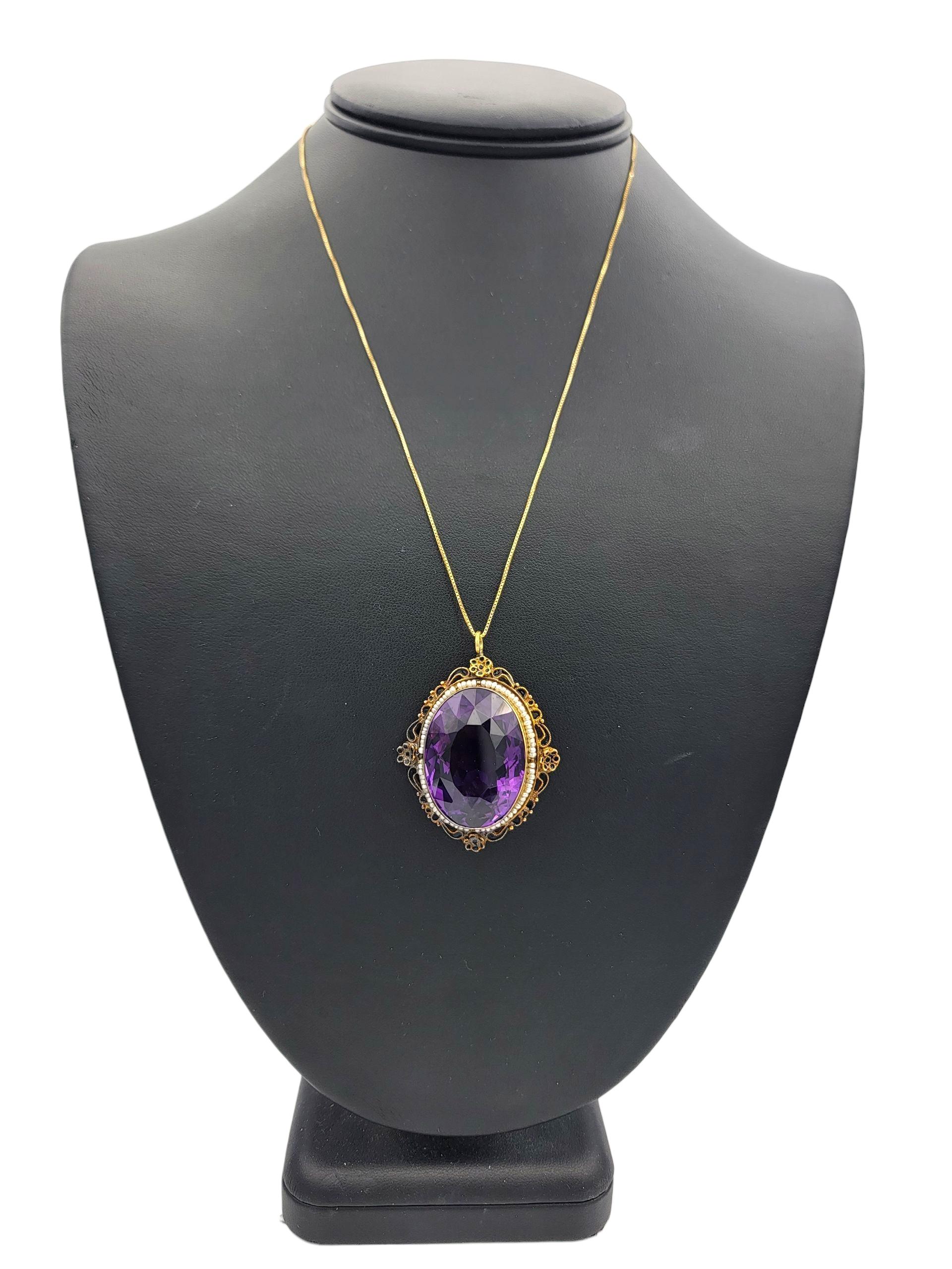 Vintage Amethyst, Saatperle und schwarzer Emaille-Anhänger aus 14 Karat Gelbgold im Angebot 2