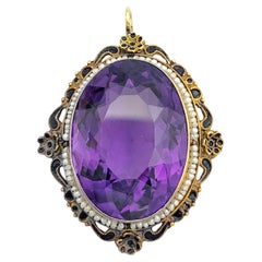 Vintage Amethyst, Saatperle und schwarzer Emaille-Anhänger aus 14 Karat Gelbgold