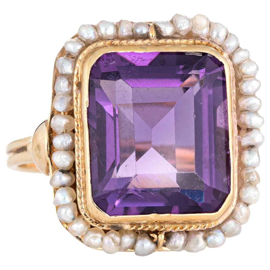 Vintage Amethyst Seed Pearl Ring 14 Karat Yellow Gold Square Cocktail Jewelry