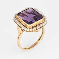 Vintage Amethyst Seed Pearl Ring 14 Karat Yellow Gold Square Cocktail Jewelry