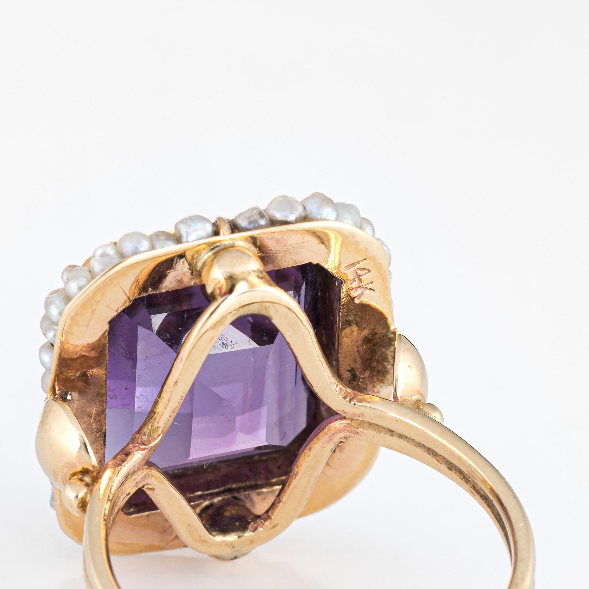 Vintage Amethyst Seed Pearl Ring 14 Karat Yellow Gold Square Cocktail Jewelry In Good Condition In Torrance, CA