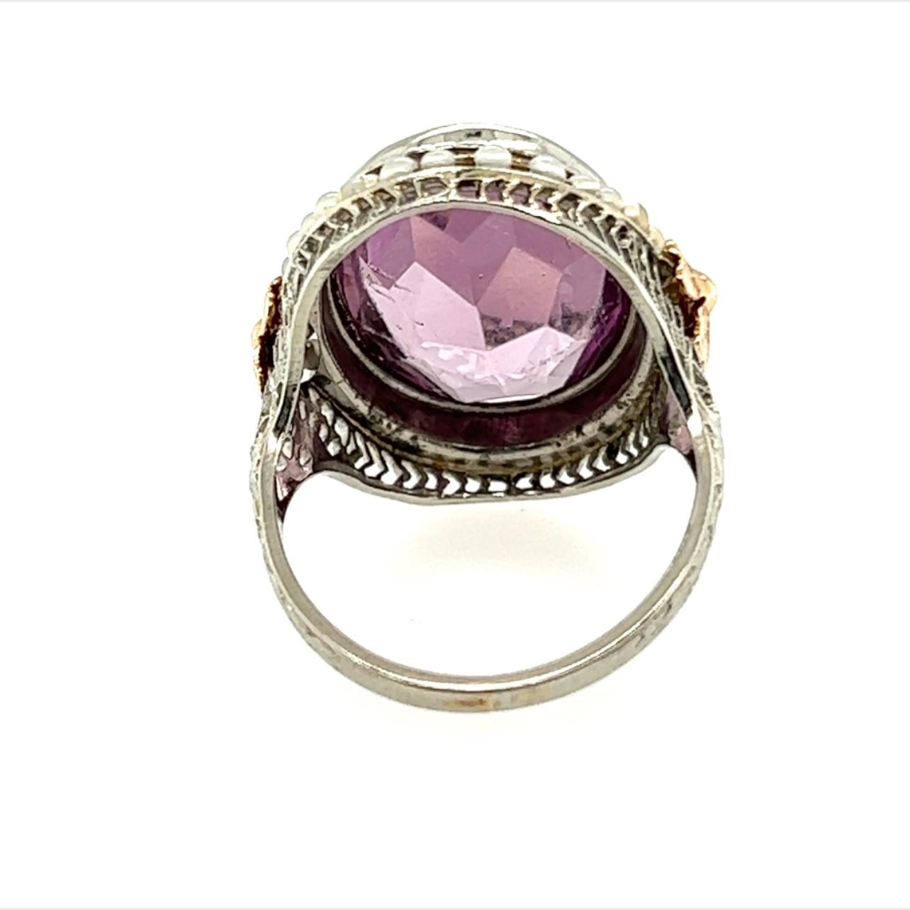 Oval Cut Art Deco Amethyst Ring 14 Carat Seed Pearls Flowers Original 1930's Antique 10K