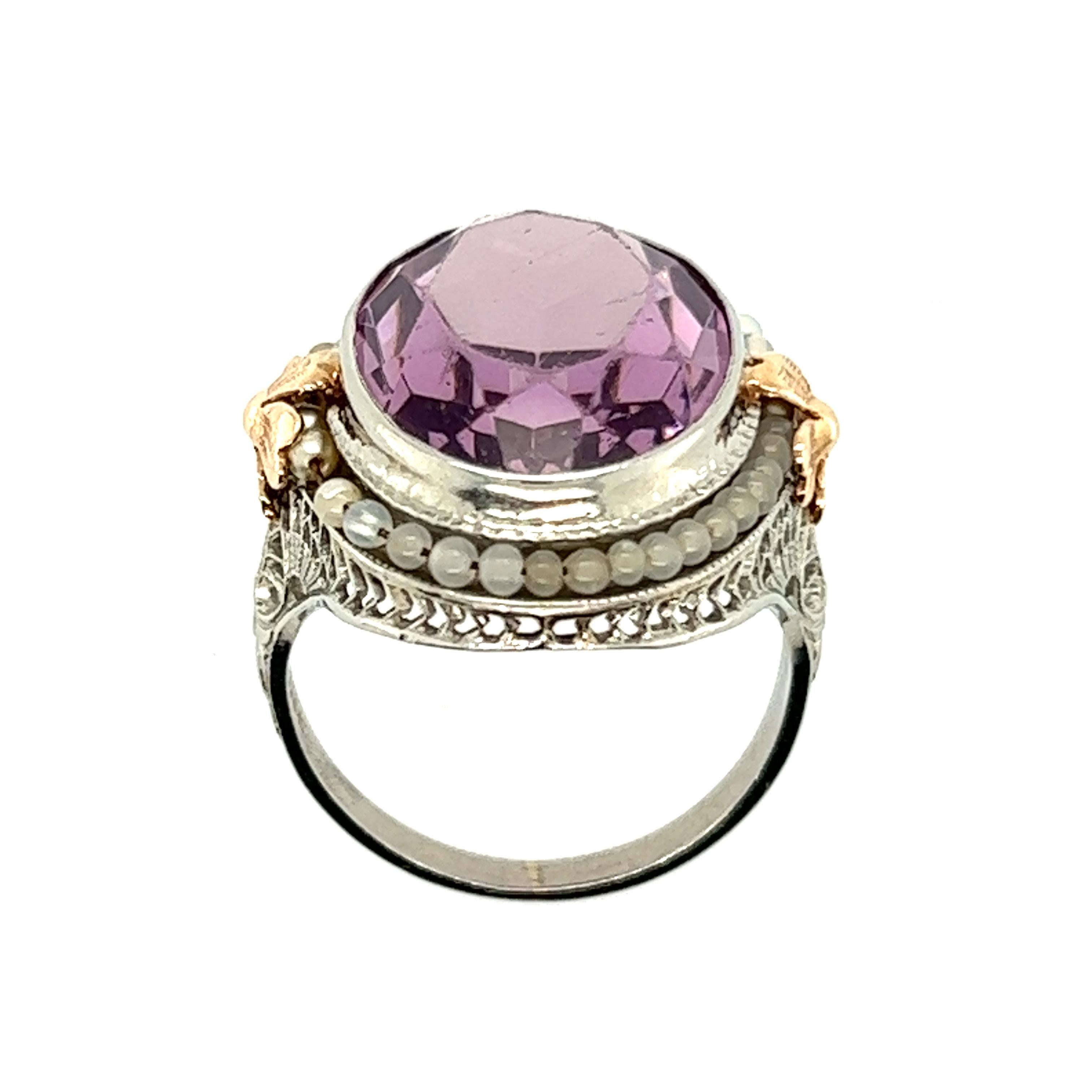 Art Deco Amethyst Ring 14 Carat Seed Pearls Flowers Original 1930's Antique 10K In Good Condition In Dearborn, MI