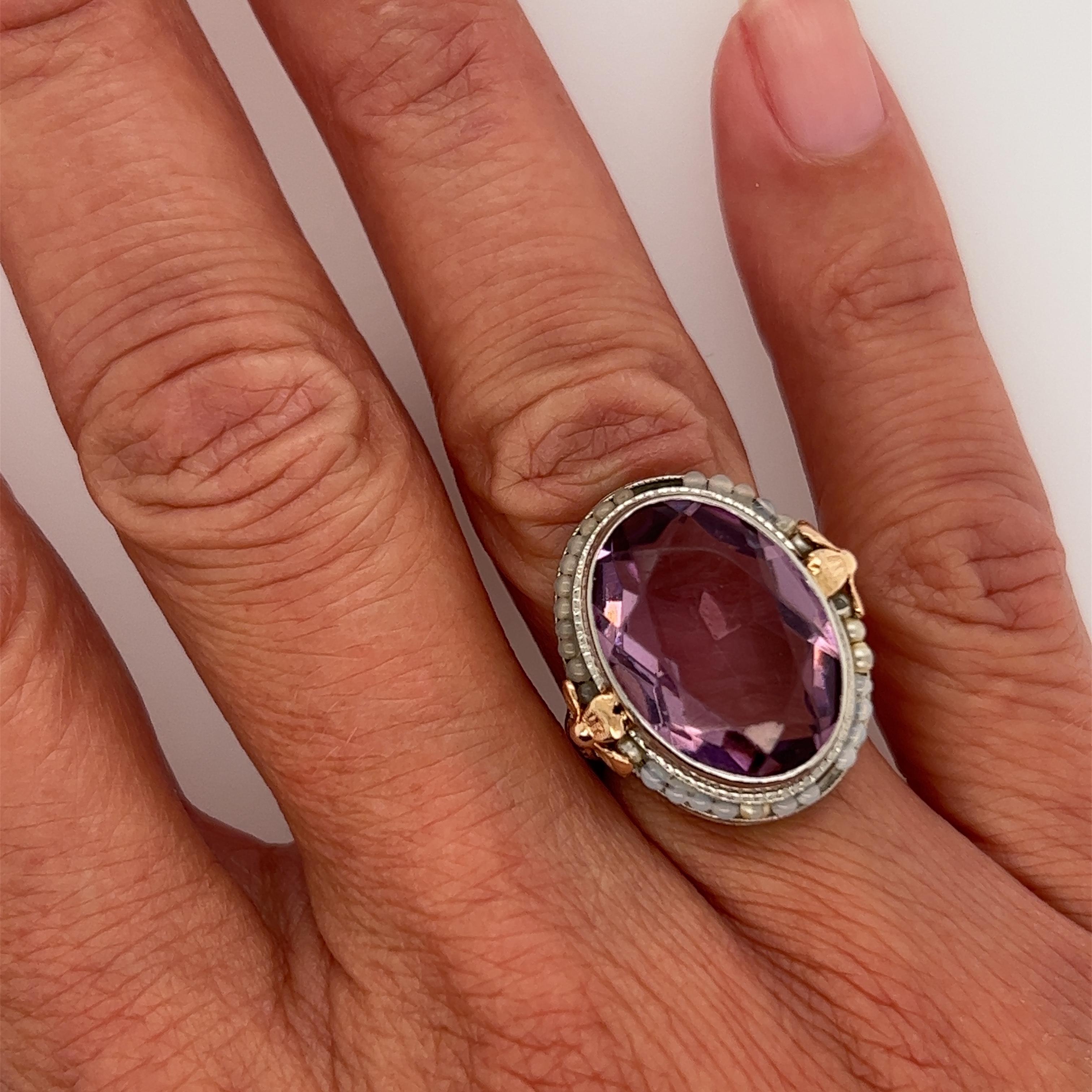 Art Deco Amethyst Ring 14 Carat Seed Pearls Flowers Original 1930's Antique 10K 1