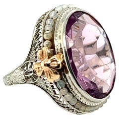 Anello Art Deco con ametista 14 carati, perle di semi e fiori, originale del 1930, antico 10 carati