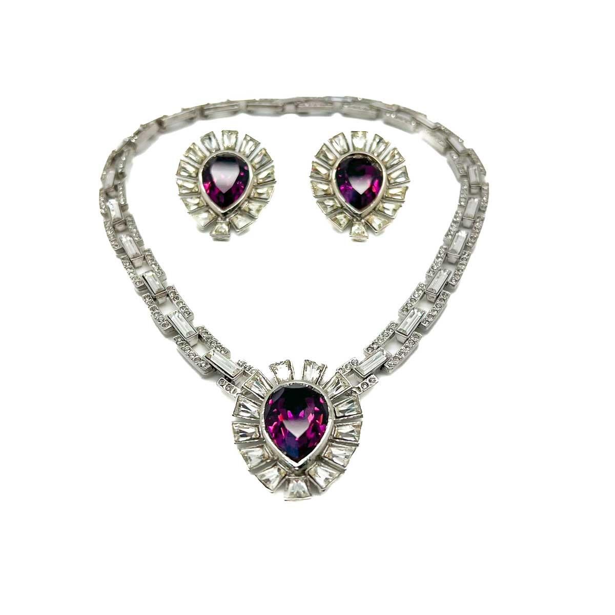 Women's Vintage Amethyst Teardrop Necklace & Earrings Set 1980s For Sale