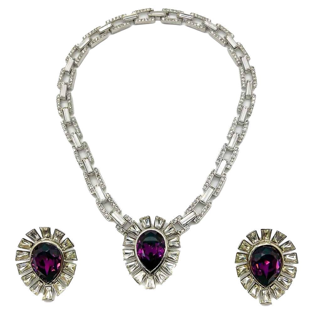 Vintage Amethyst Teardrop Necklace & Earrings Set 1980s For Sale