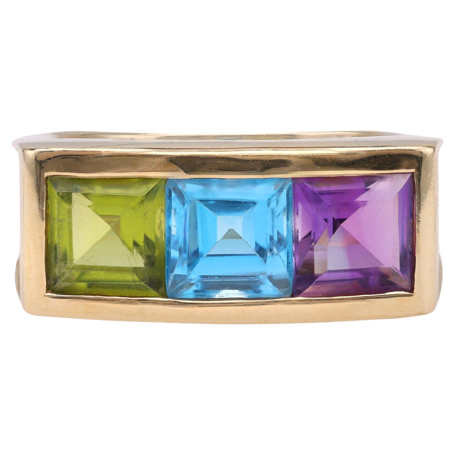 Vintage Amethyst Topaz Peridot 14k Yellow Gold Ring For Sale