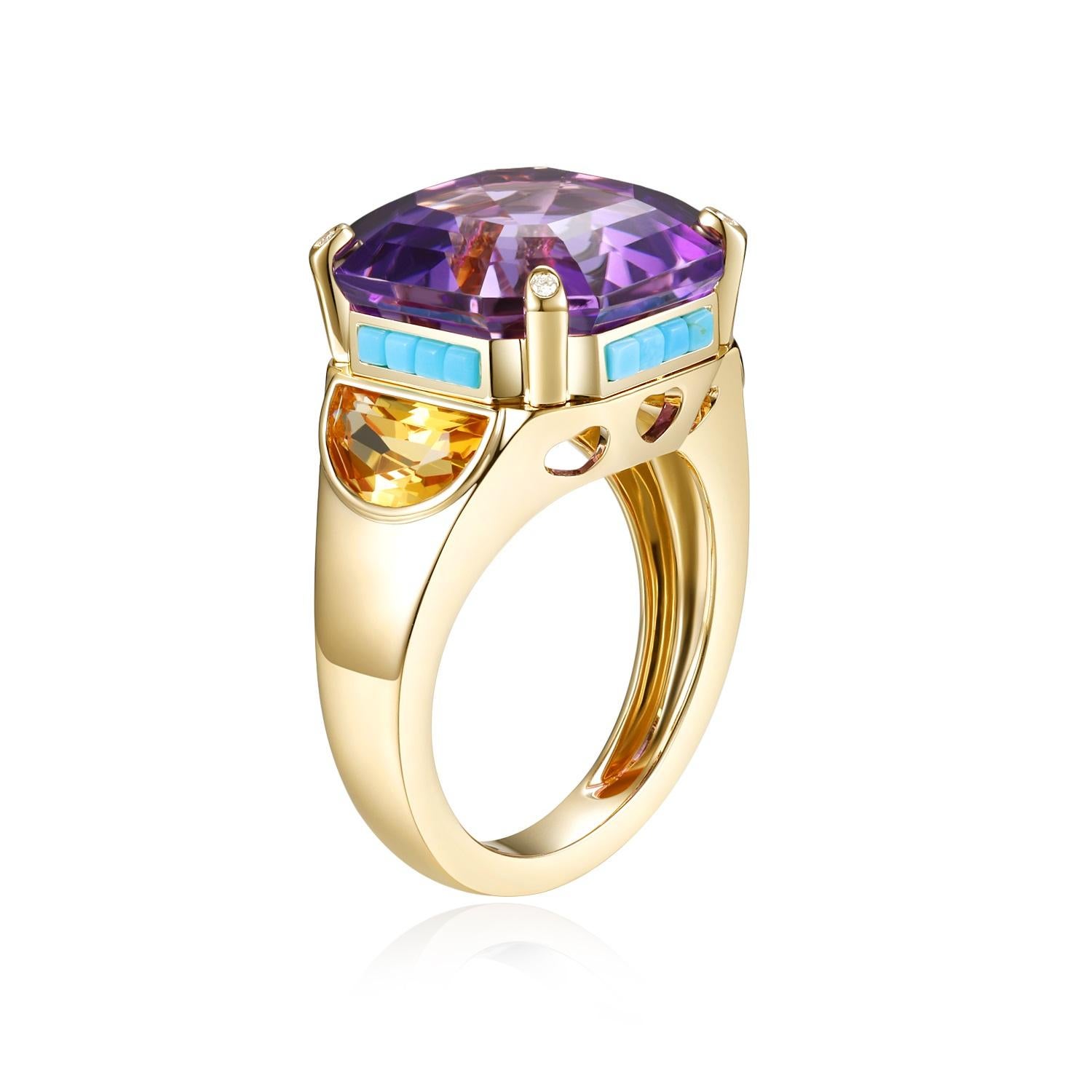 This exceptional ring showcases a remarkable 12.24-carat amethyst as its centerpiece, exuding a deep, vibrant purple hue. The amethyst is securely set with four prongs, each adorned with a small diamond, contributing to a total diamond weight of