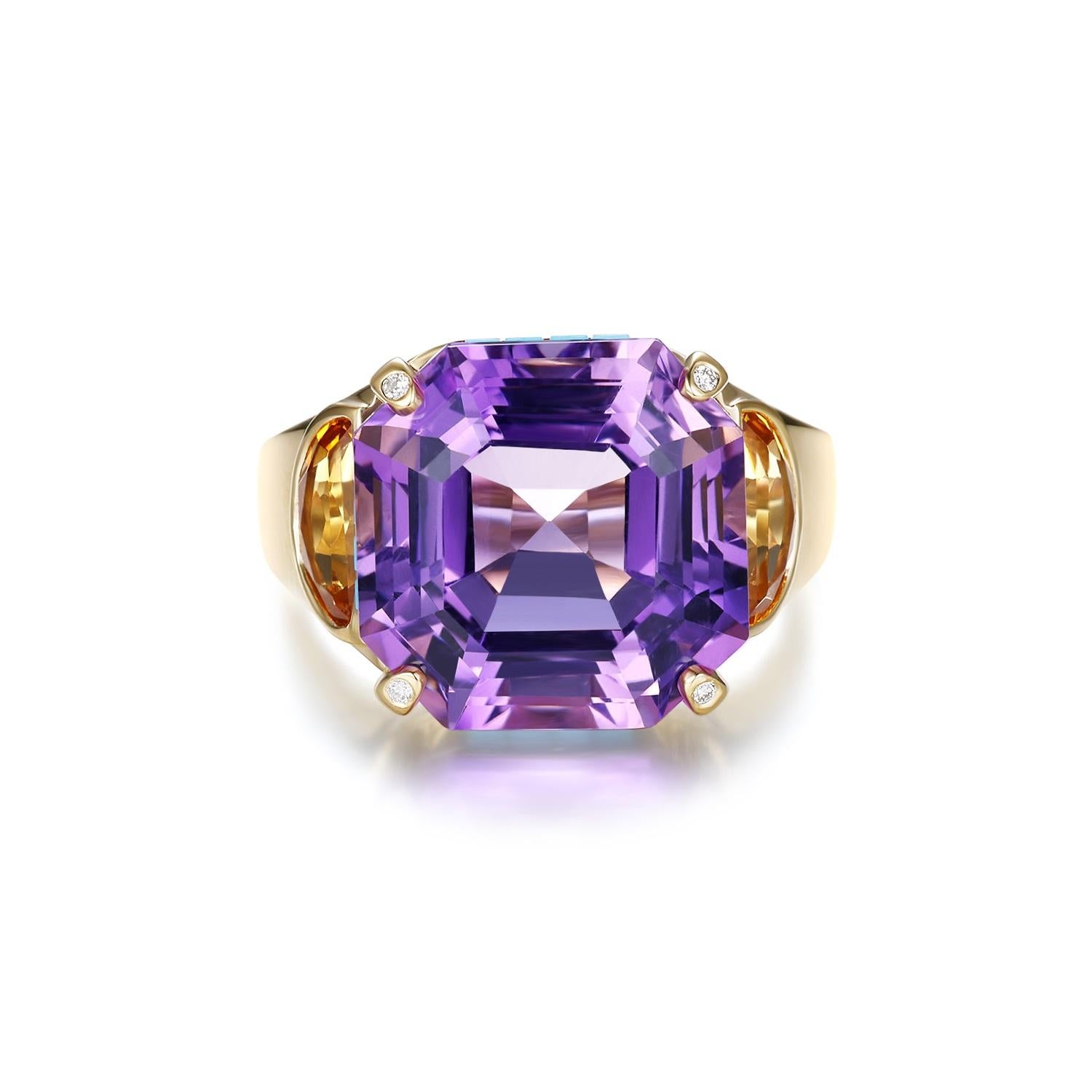 Art Deco Vintage Amethyst Turquoise and Citrine Ring in 14 Karat Yellow Gold