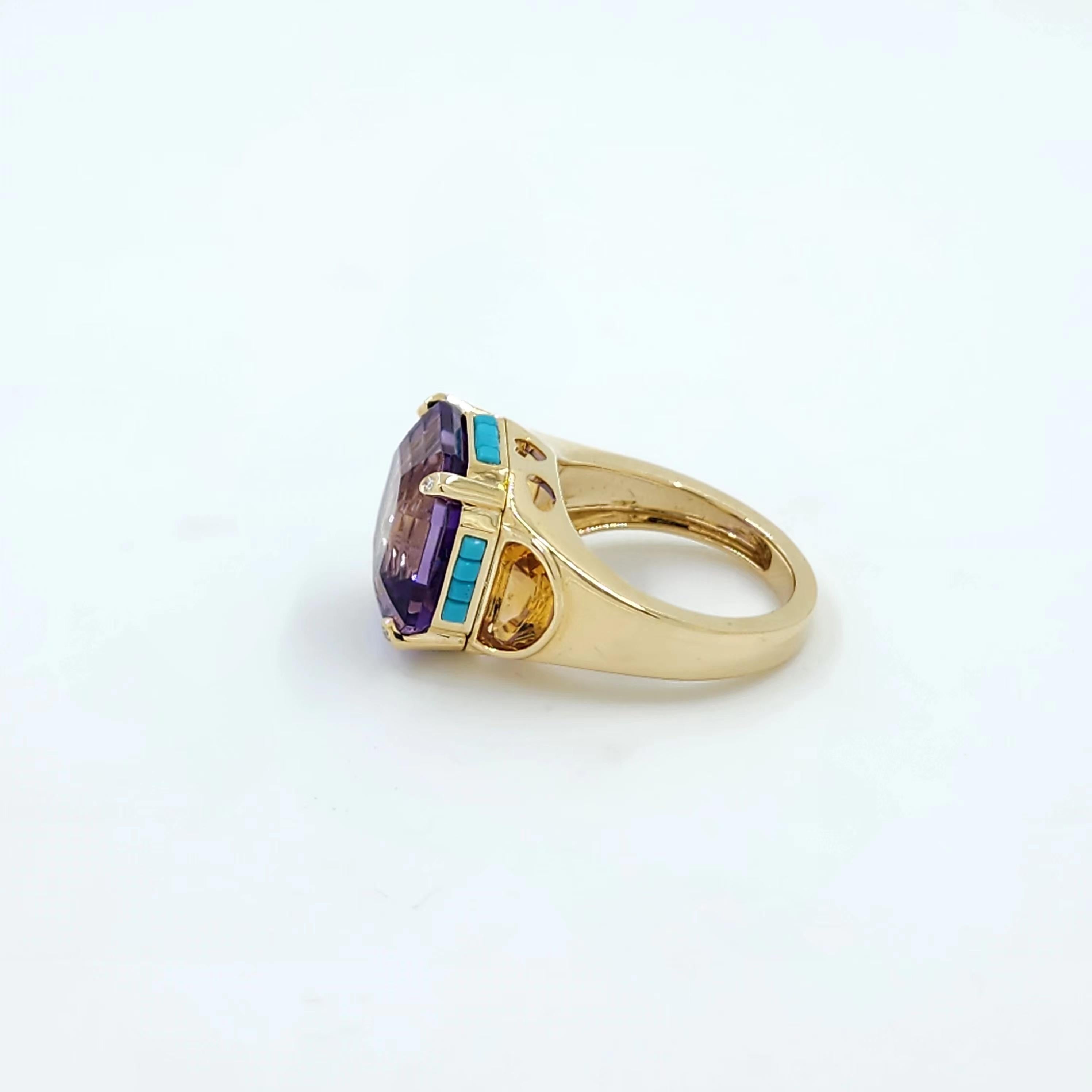 Women's Vintage Amethyst Turquoise and Citrine Ring in 14 Karat Yellow Gold