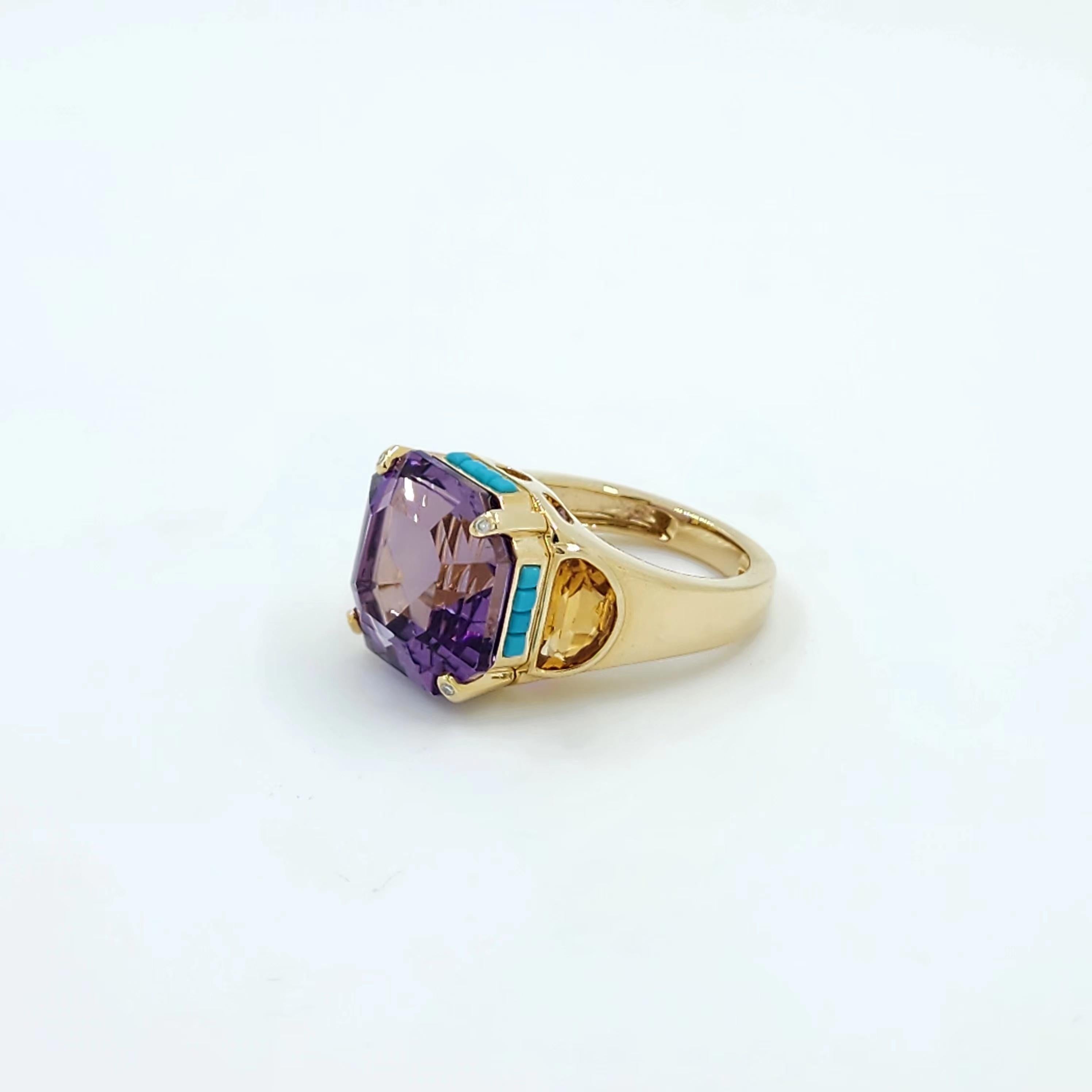 Vintage Amethyst Turquoise and Citrine Ring in 14 Karat Yellow Gold 1