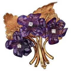 Vintage Amethyst Violet Flower Brooch of 18k Gold