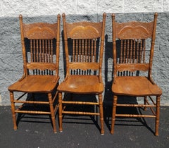 Set of 3 Vintage Amish Oak Country Pressed Back Spindle Chairs