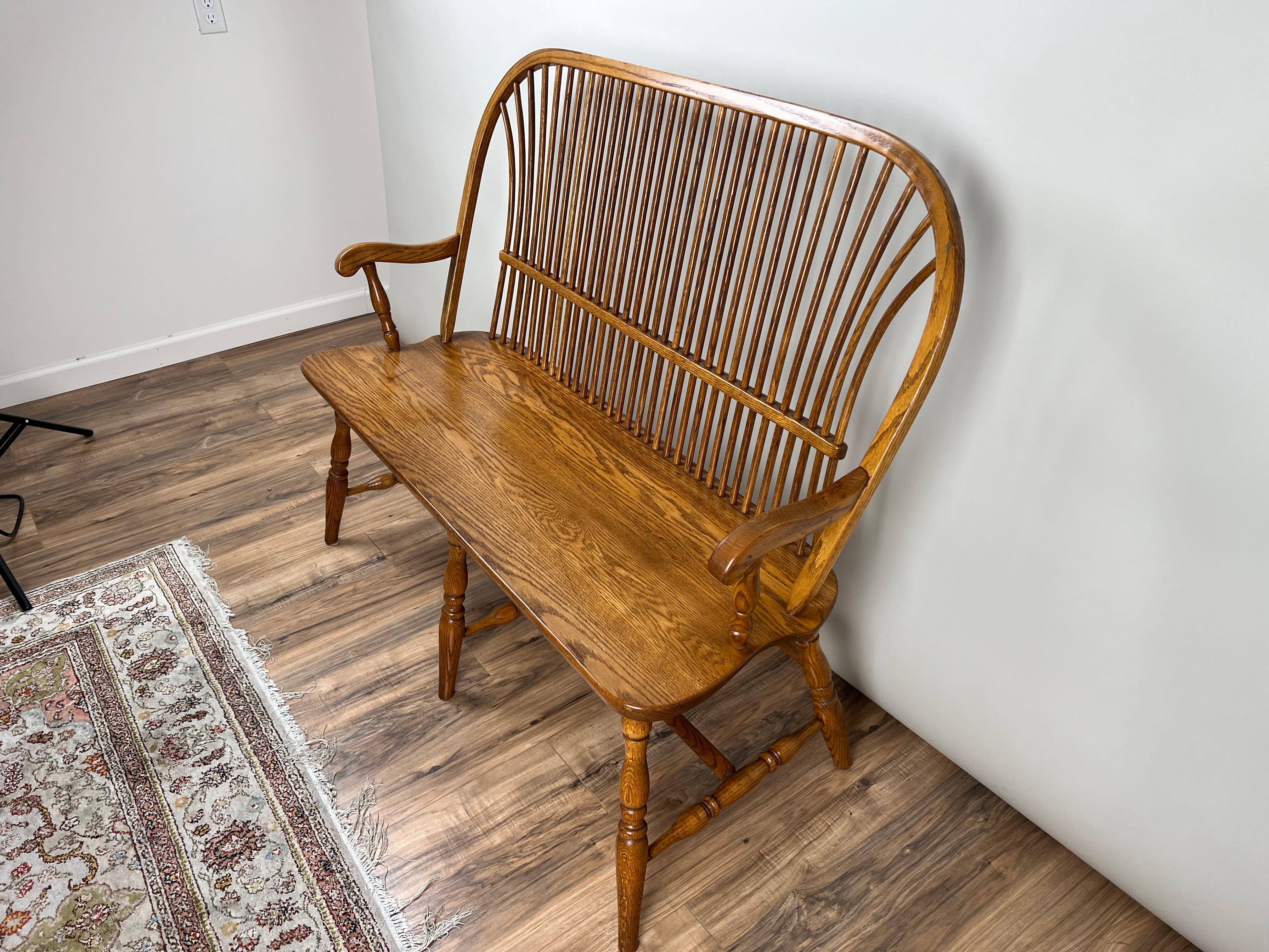 Vintage Amish Oak Windsor Bench For Sale 6