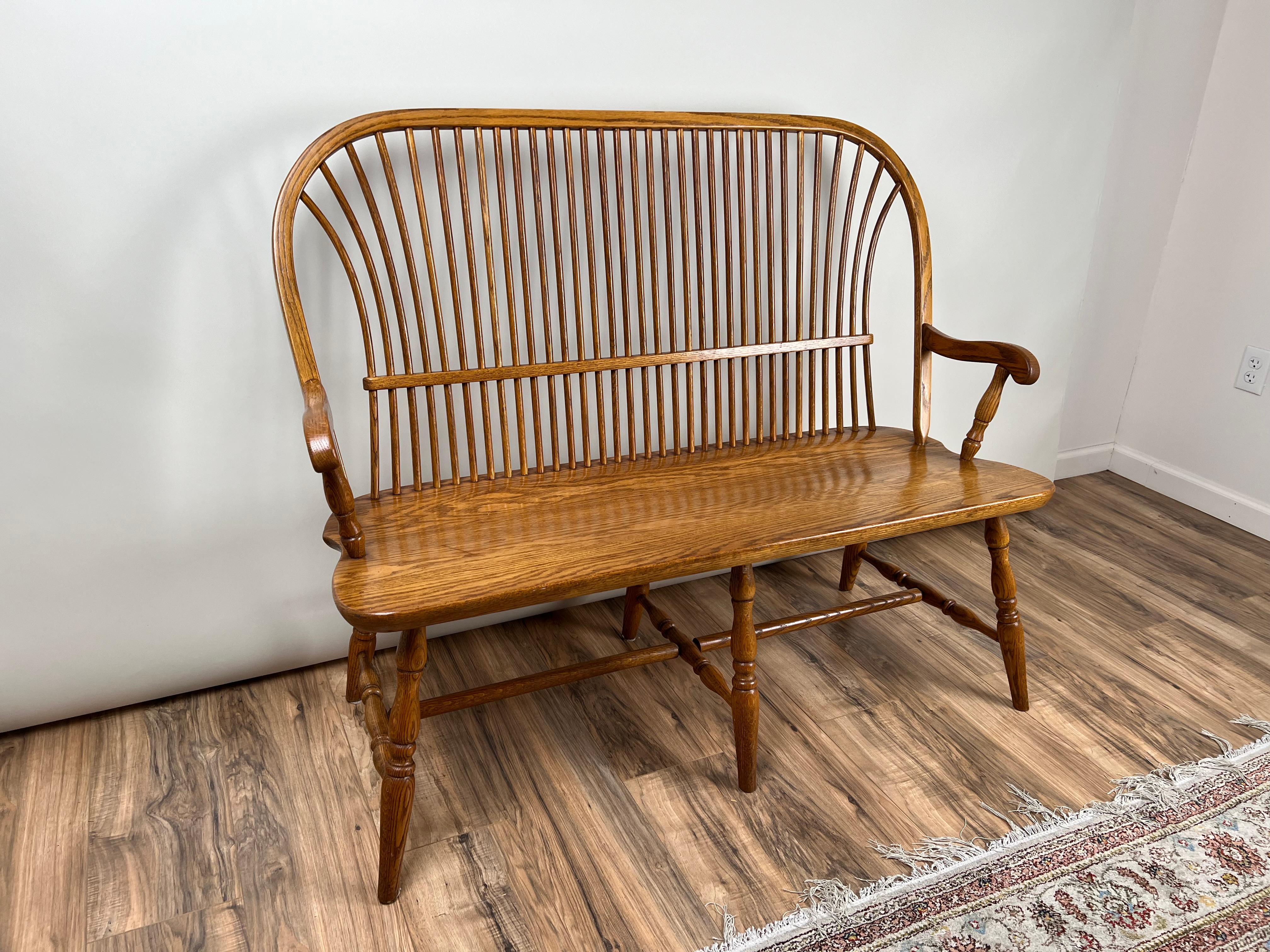 Vintage Amish Oak Windsor Bench For Sale 7
