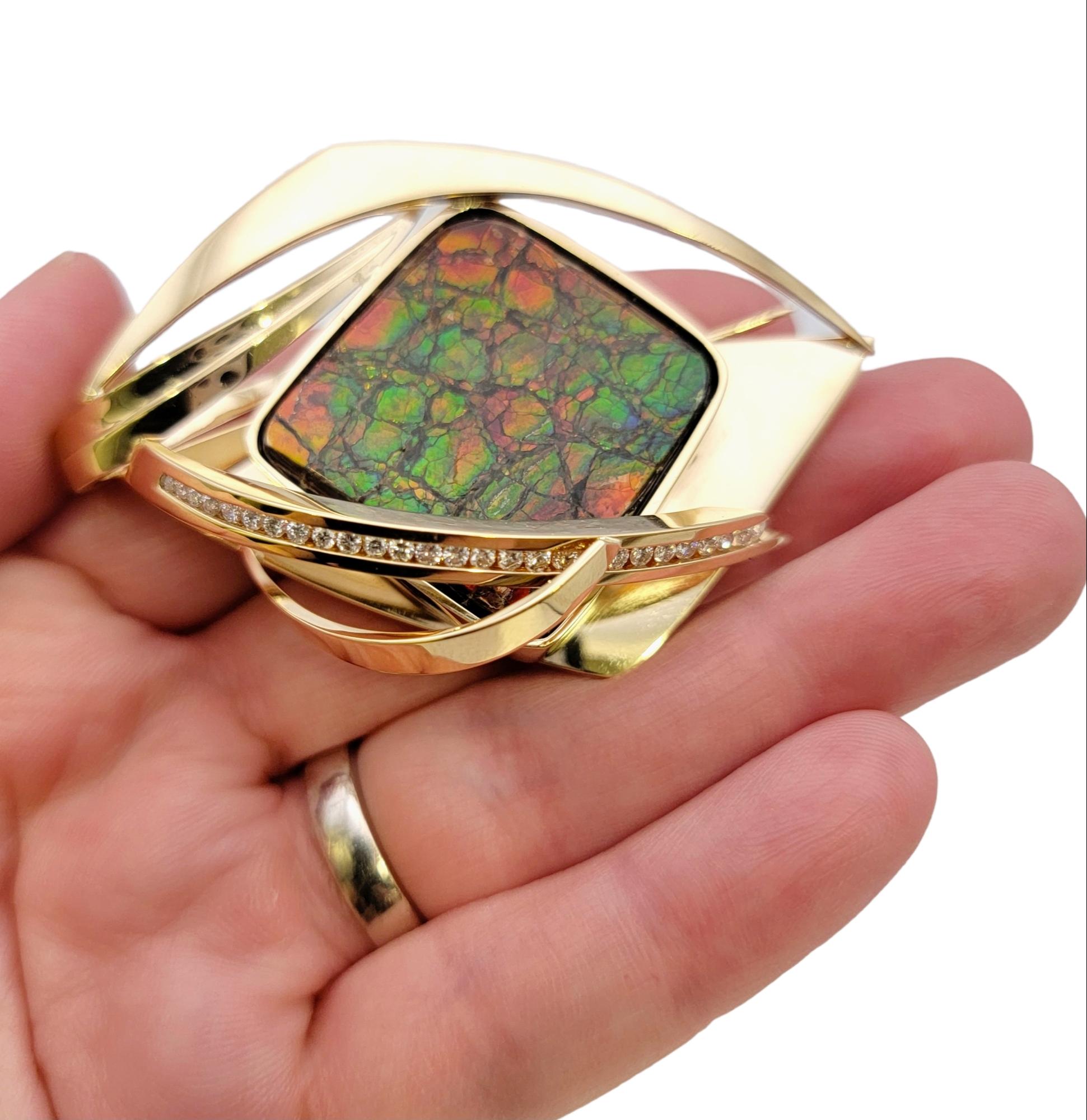 Vintage Ammolite Cabochon Brooch with Diamonds in 14 Karat Yellow Gold For Sale 5