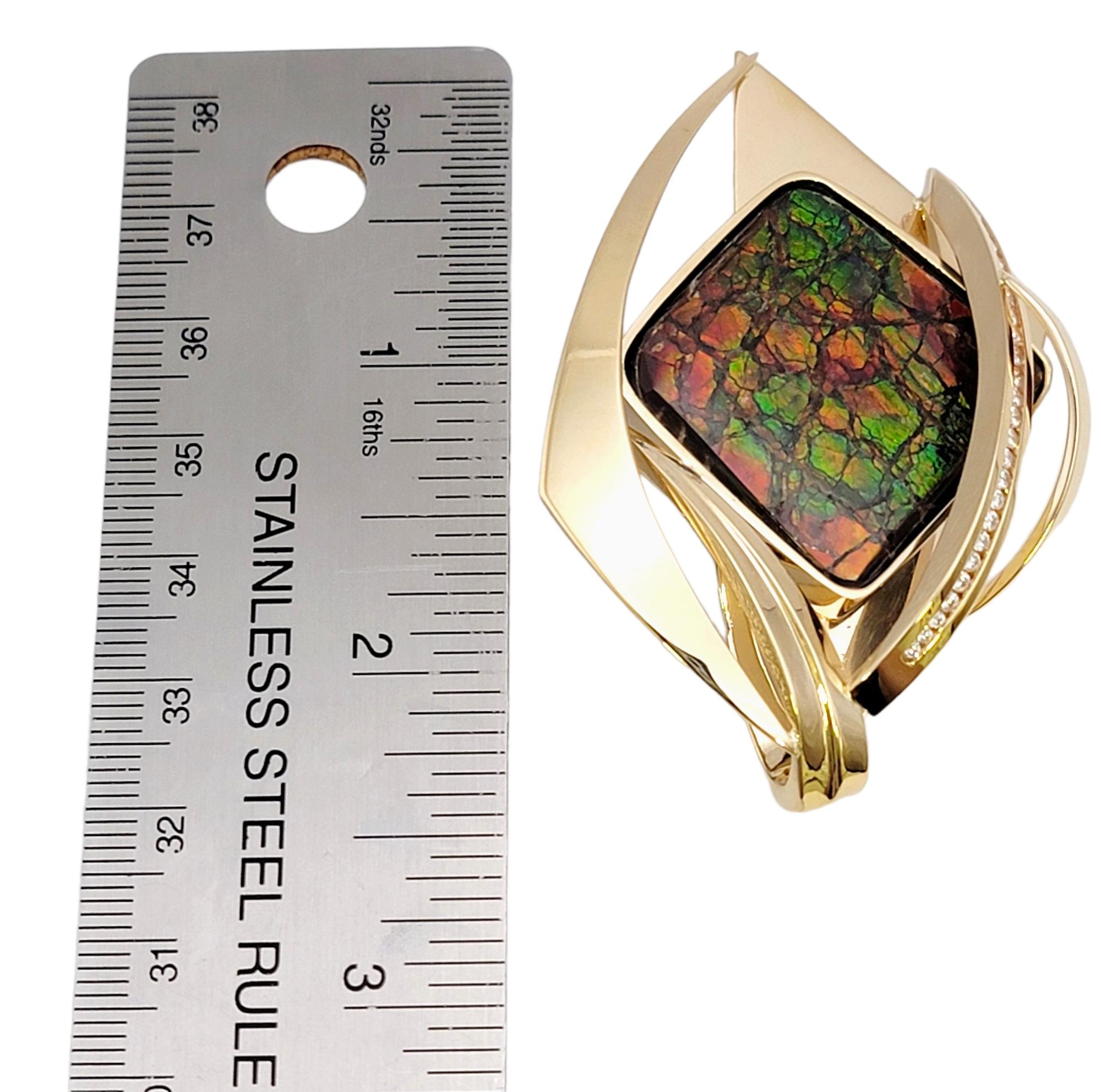 Vintage Ammolite Cabochon Brooch with Diamonds in 14 Karat Yellow Gold For Sale 6
