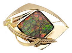 Vintage Square Cabochon Ammolite Brooch with Diamonds in 14 Karat Yellow Gold