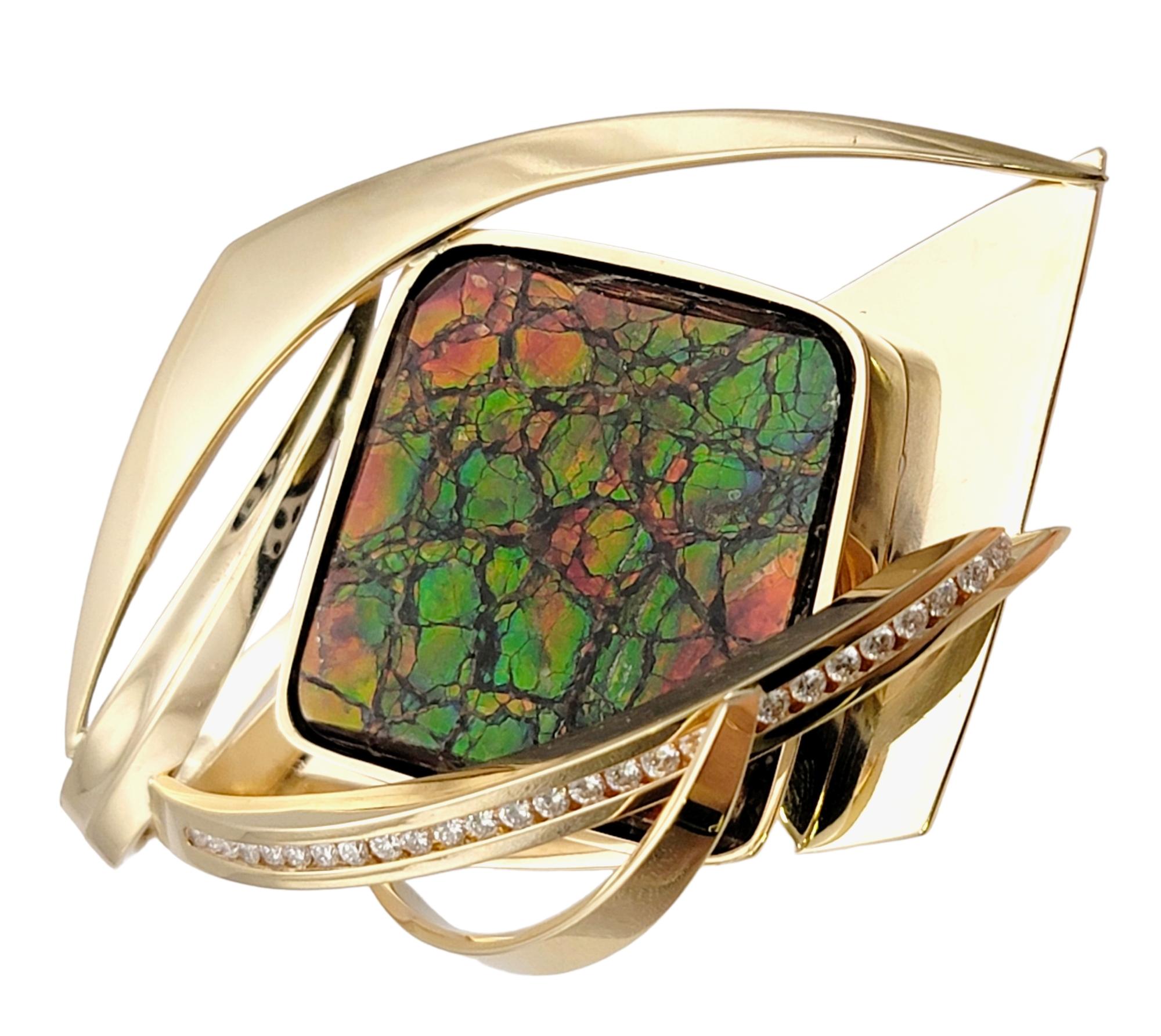 Contemporary Vintage Ammolite Cabochon Brooch with Diamonds in 14 Karat Yellow Gold For Sale