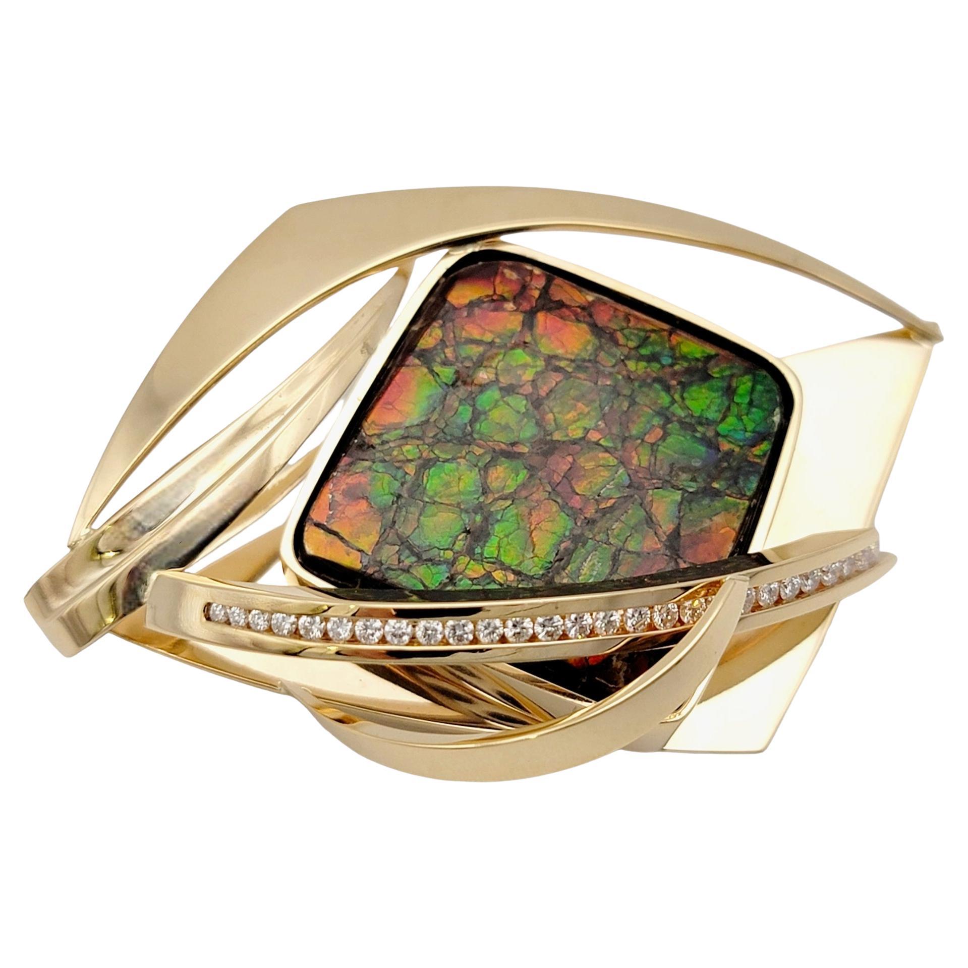 Vintage Ammolite Cabochon Brooch with Diamonds in 14 Karat Yellow Gold For Sale