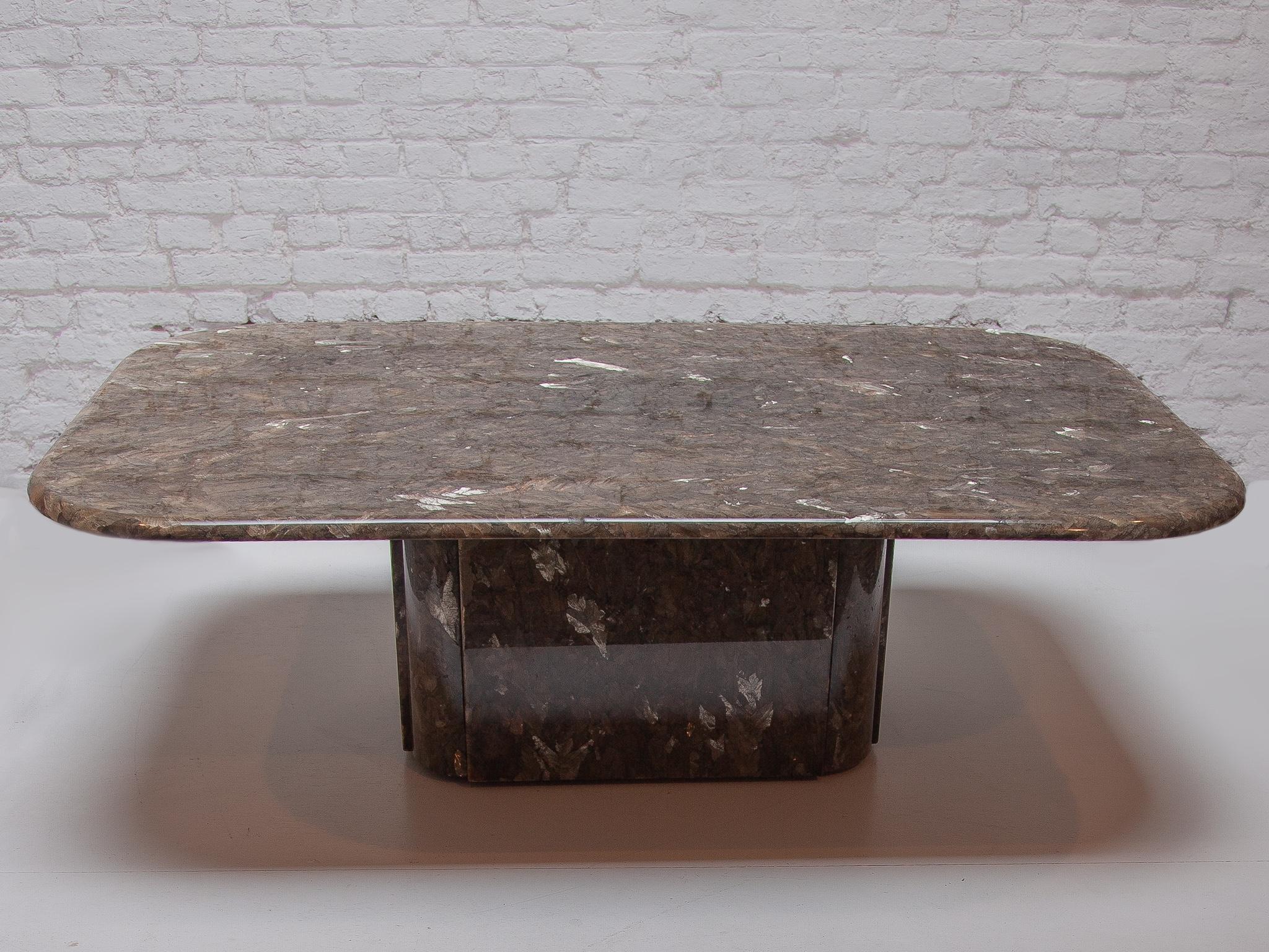 Brutalist side table in resin with details in silver and ammonite. Naturalistic vintage 1970s France Mid-Century Modern rectangular with rounded corners coffee table resting on a solid base.In original good condition.