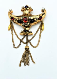 Vintage Amphora Brooch, Coro, 1940 USA with red and blue cabochons and faux pear