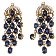 Vintage AMR Shaker Geneva Sapphire and Diamond 18 Carat Gold Drop Stud Earrings