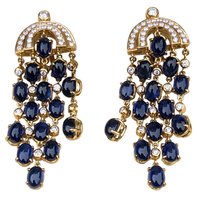 Vintage AMR Shaker Geneva Sapphire and Diamond 18 Carat Gold Drop Stud Earrings at 1stDibs
