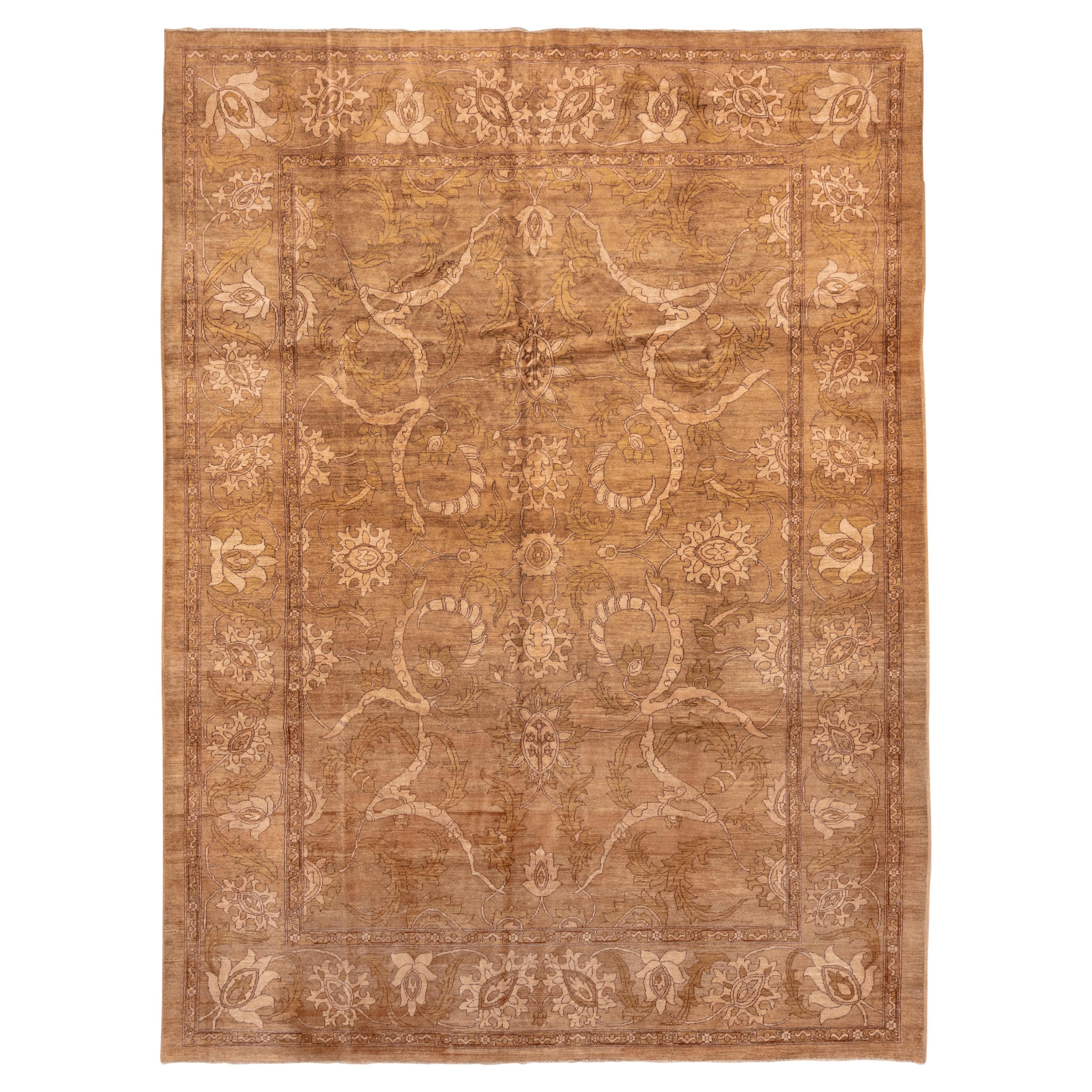 Vintage Amritzar Rug Warm Umber Field with Scrolling Vines and Lotus Palmettes For Sale