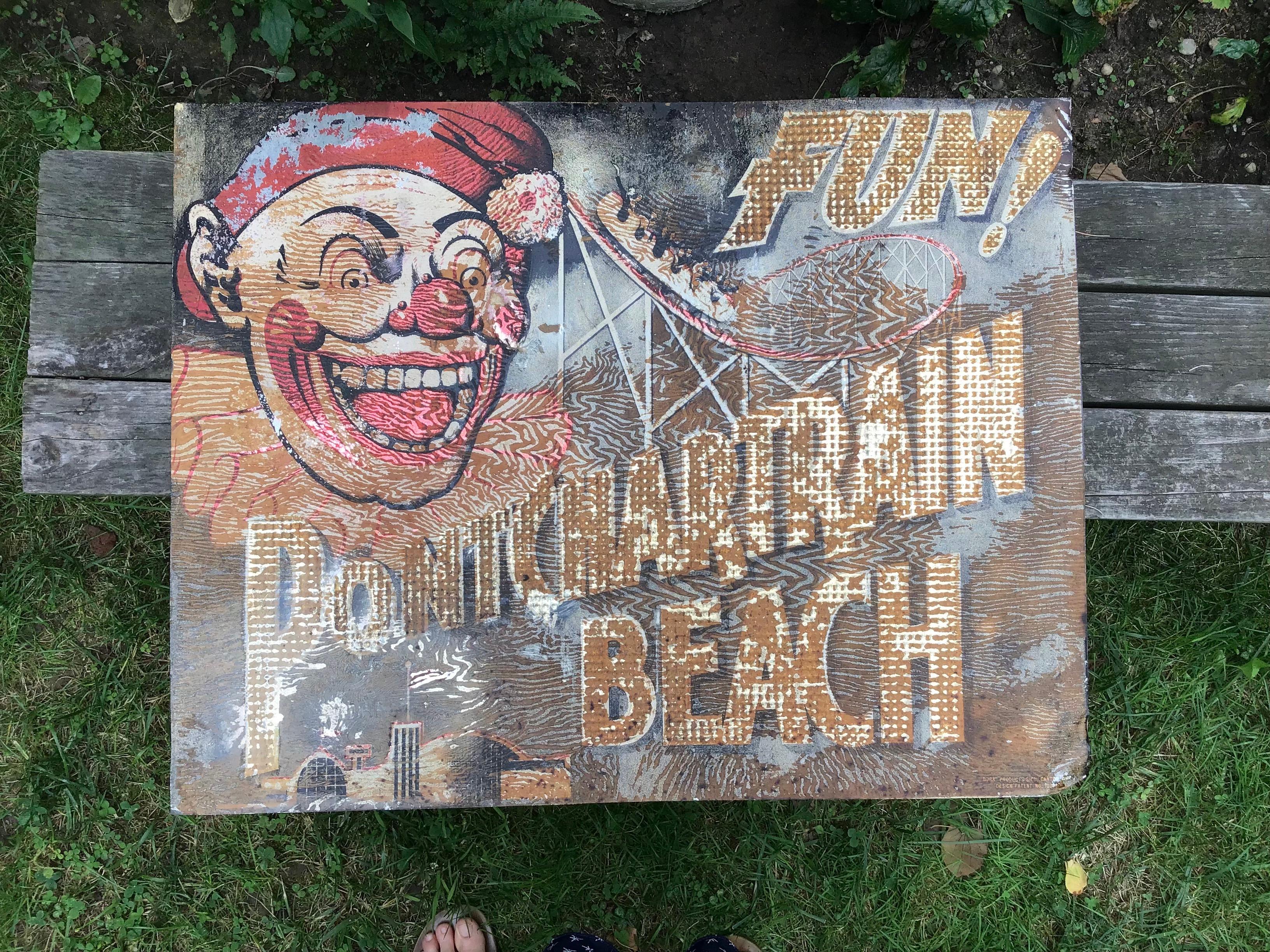 Vintage advertising memorabilia. This vintage beach sign could be 1930's to 1960's. Vintage tin Dura-Products sign (Canton Ohio), color litho. on tin. Ponchartrain beach was an amusement park in New Orleans, Louisiana, on the south shore of Lake